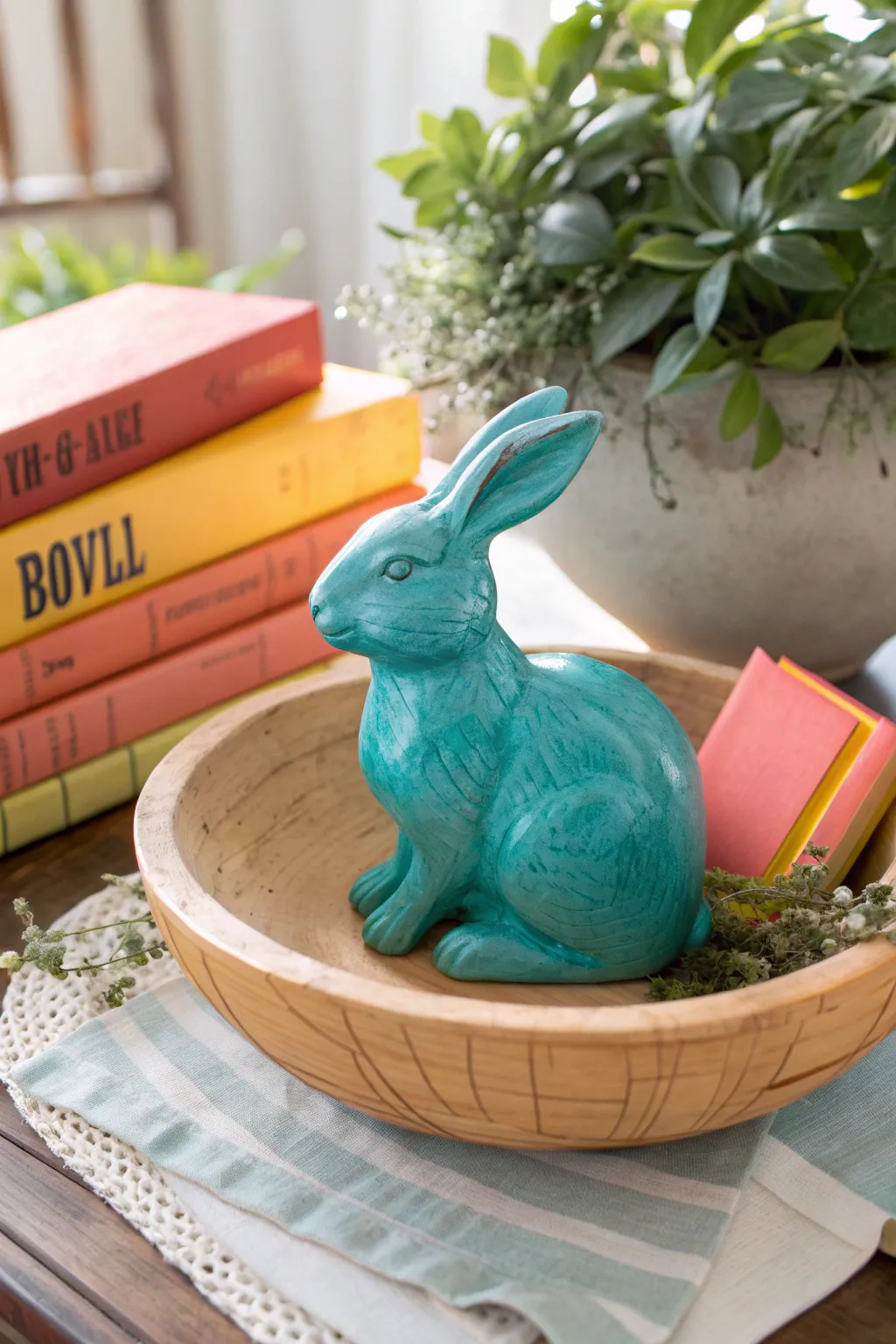 Create a charming vignette with vintage books and a whimsical bunny for spring.