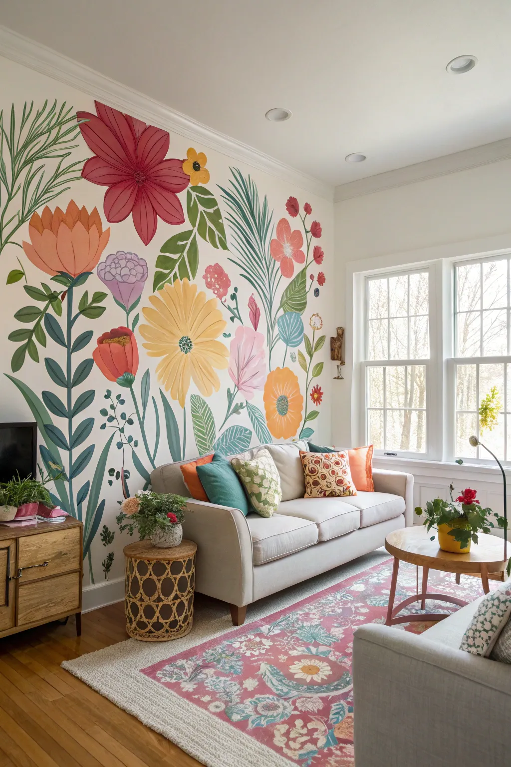 A lively living room with a vibrant floral mural.