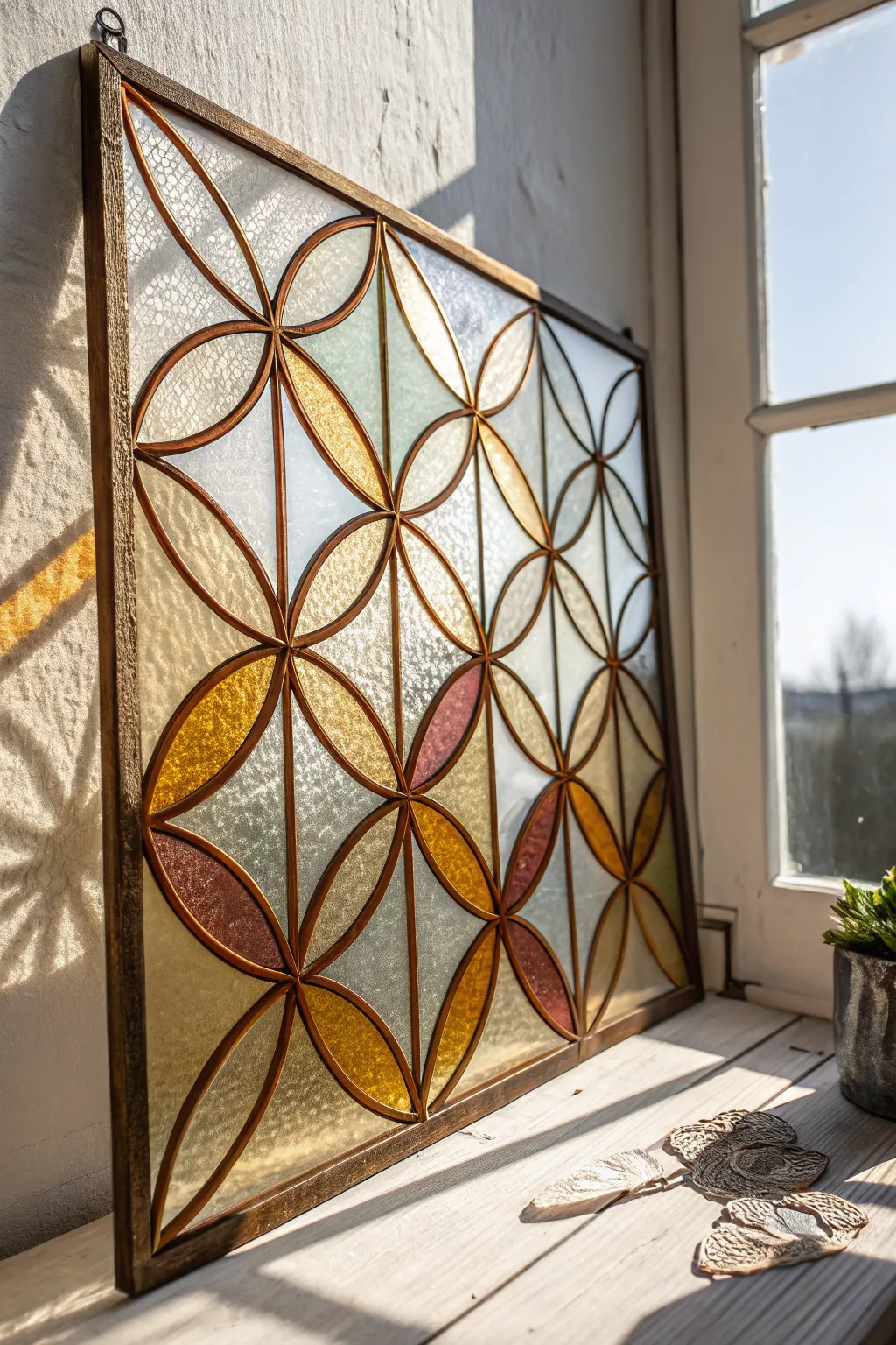 Discover the elegance of geometric grace with this stunning stained glass masterpiece.