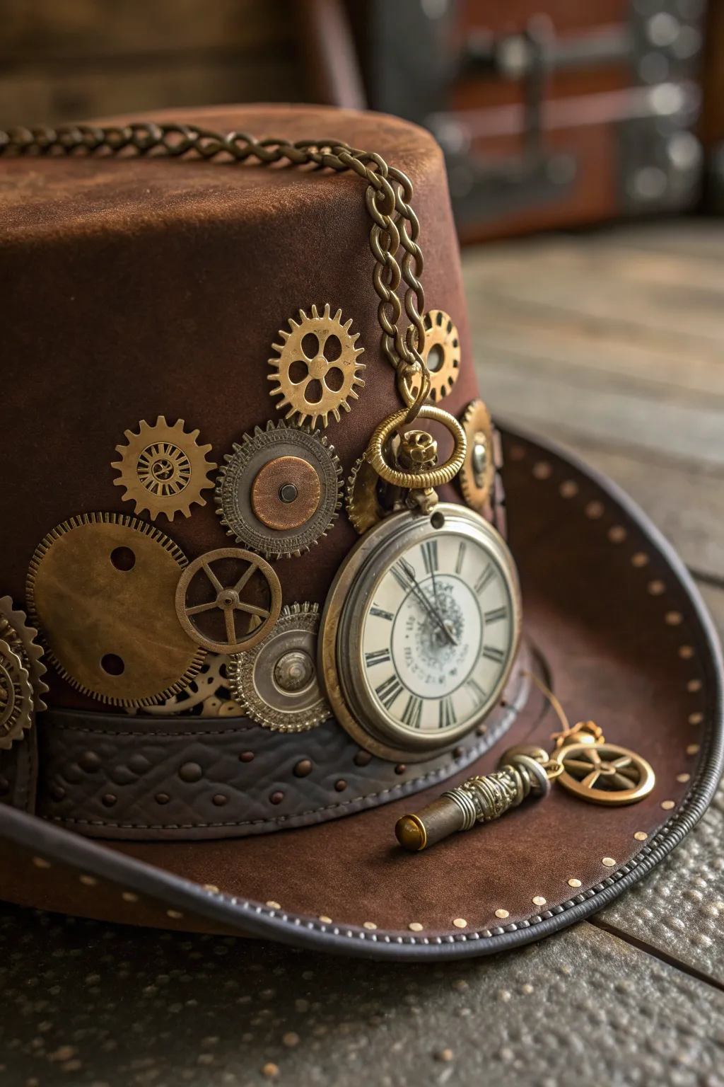 Timeless Elegance: A Steampunk Hat with a Vintage Timepiece Centerpiece