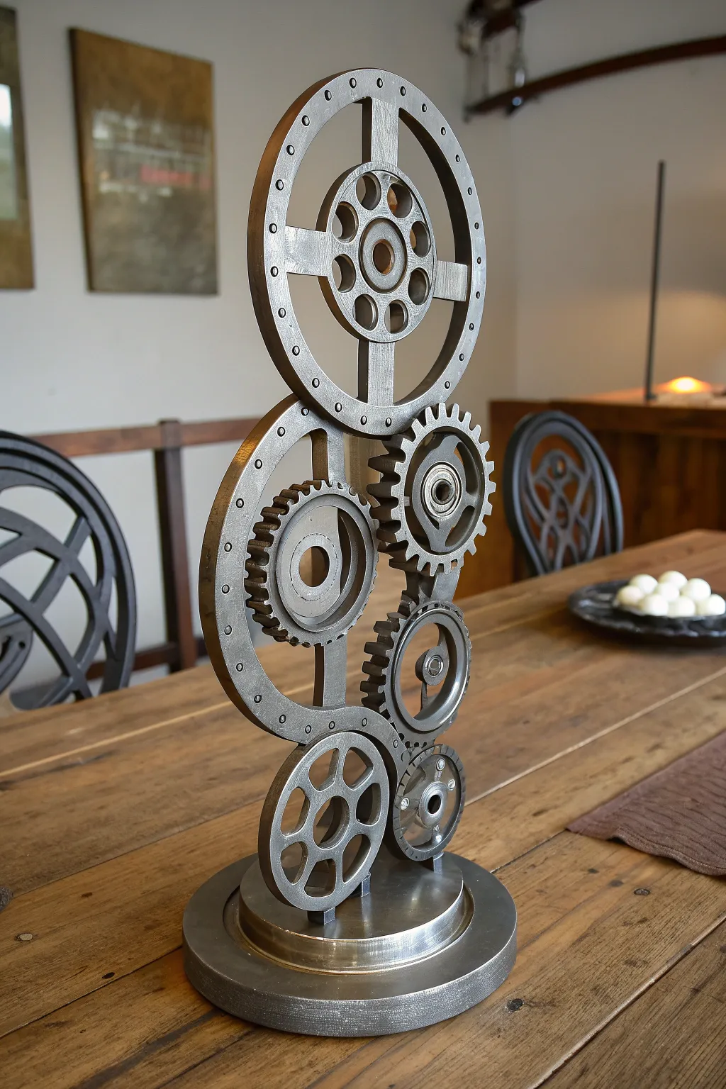 Transform your dining space with an industrial masterpiece – a steel spinner target centerpiece that sparks conversation.