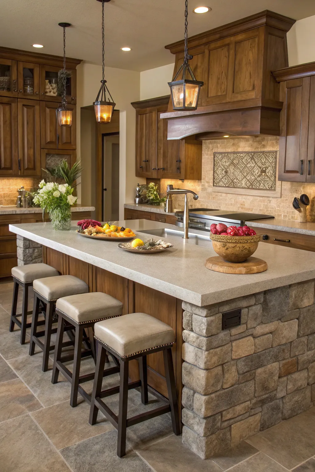 A functional stone kitchen island with a cozy seating area.