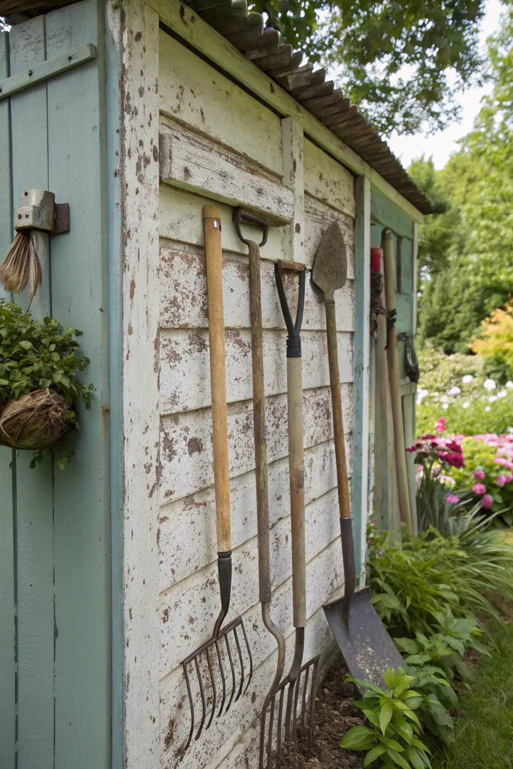 Vertical storage keeps garden tools organized.