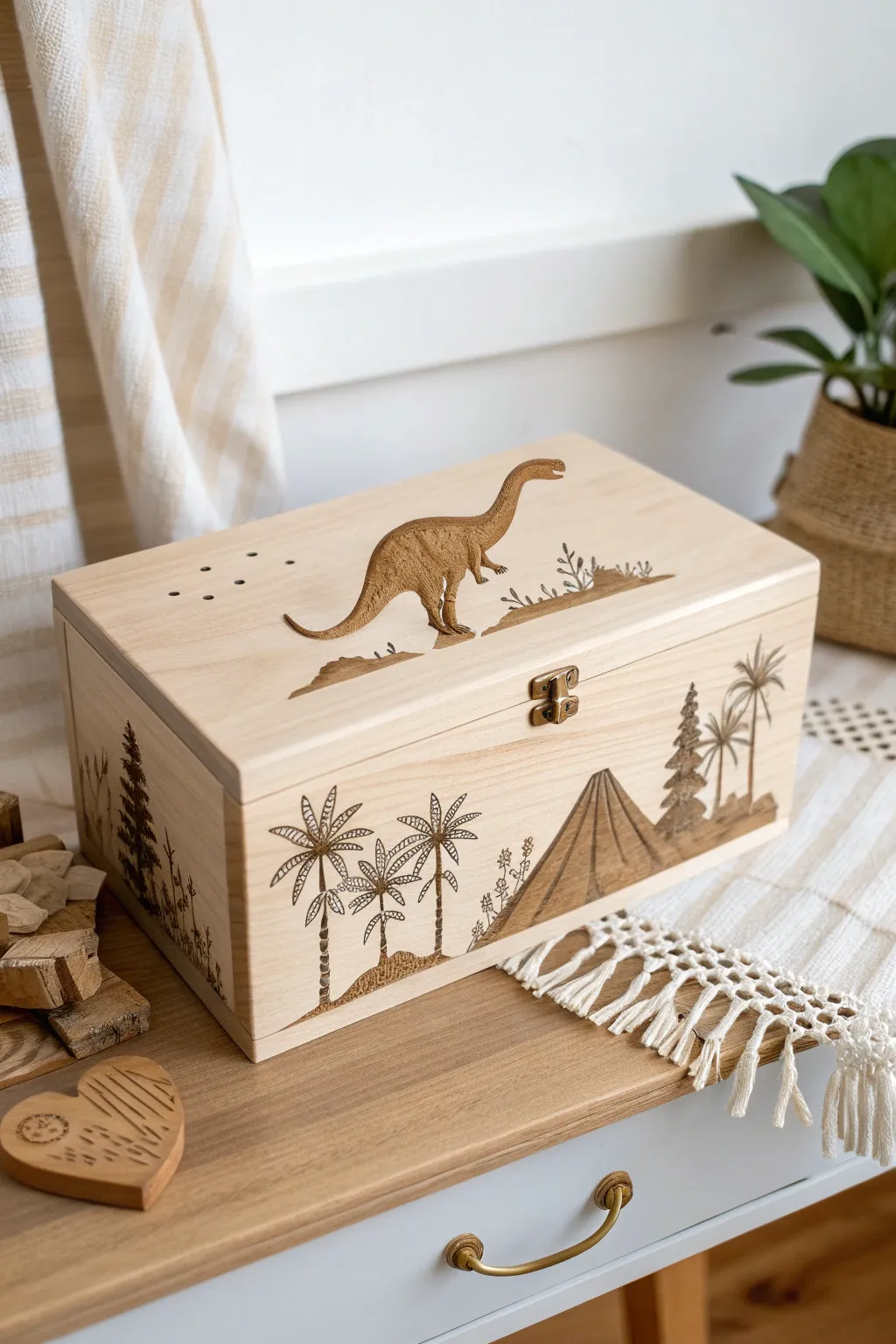 Embark on a minimalist dinosaur expedition with artisanal charm.