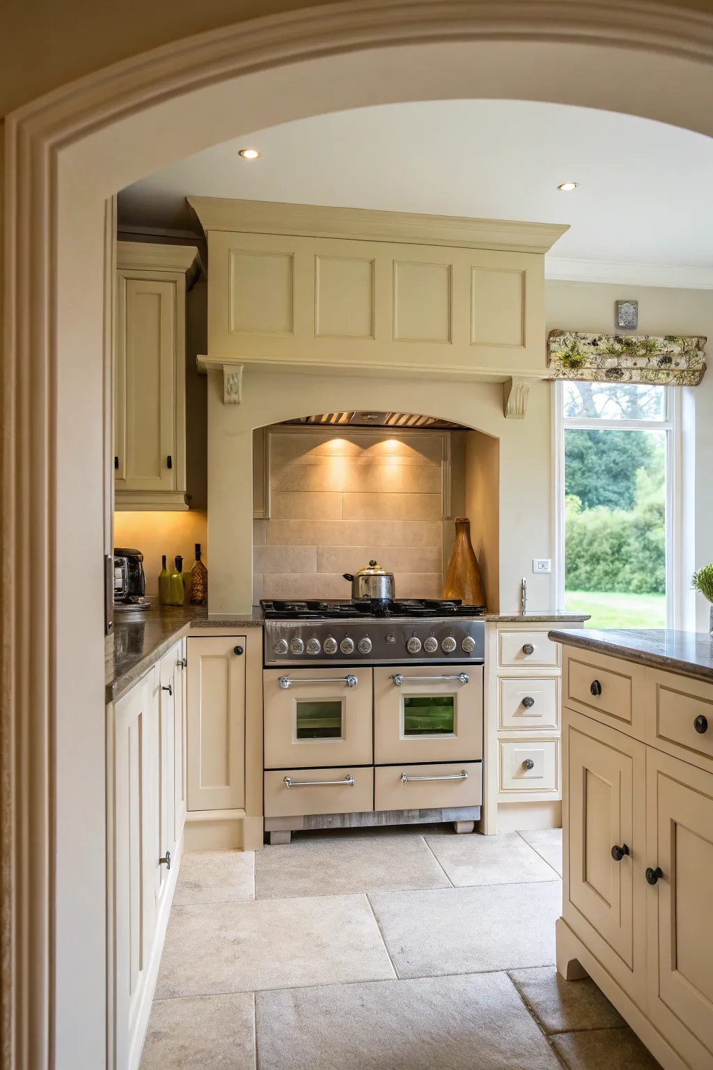 A serene stove alcove with neutral tones, offering a bright and airy kitchen atmosphere.