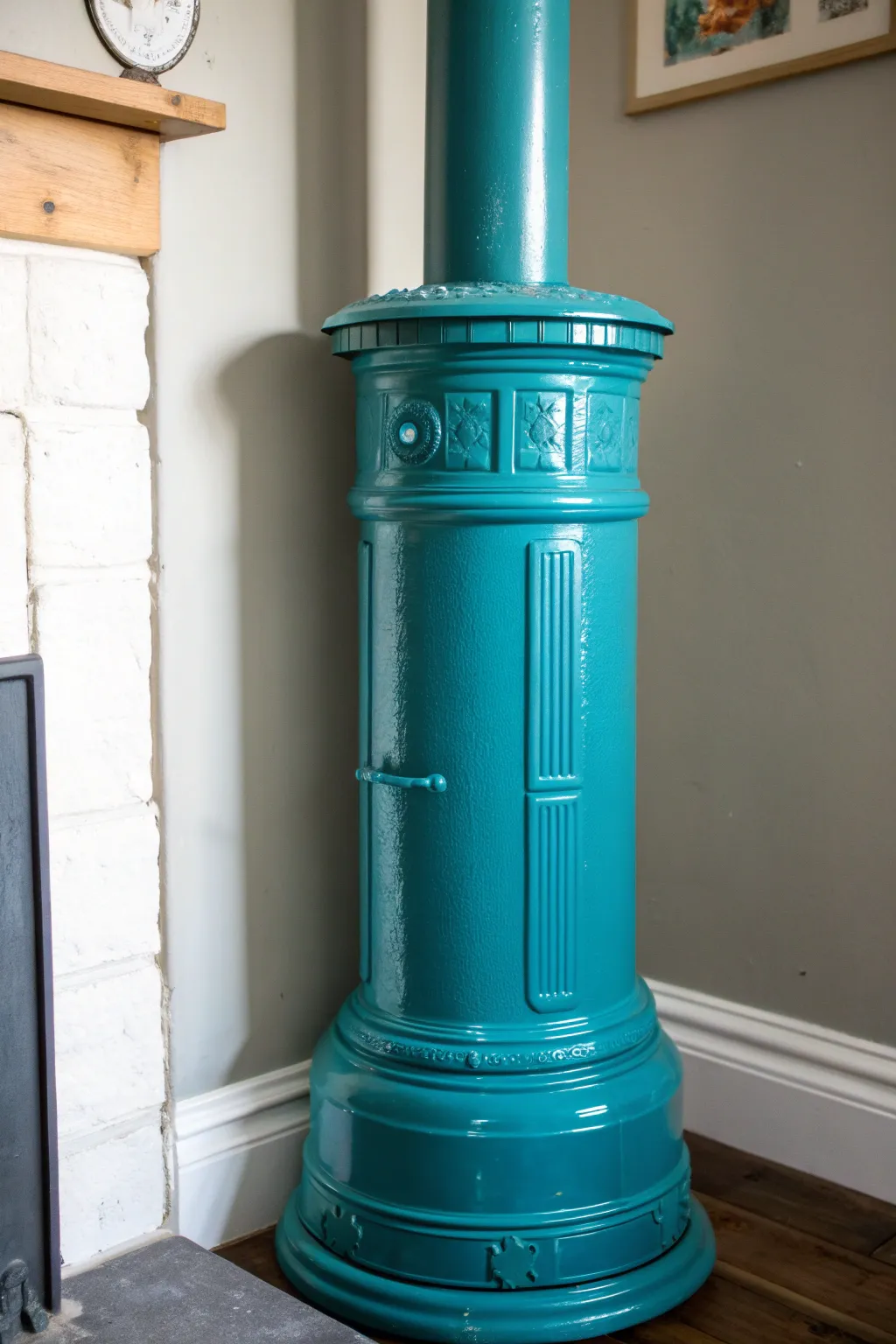 Add a splash of bold color to your space with a teal stove pipe cover that transforms the ordinary into extraordinary.