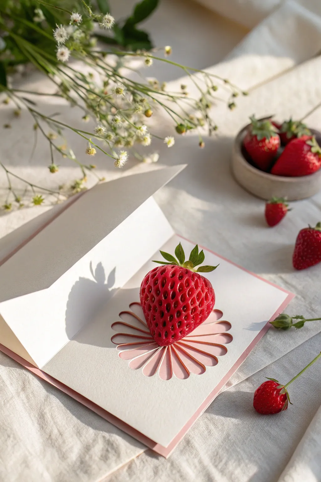 Delight in the charm of handcrafted strawberry pop-up cards, where simplicity meets playful elegance.
