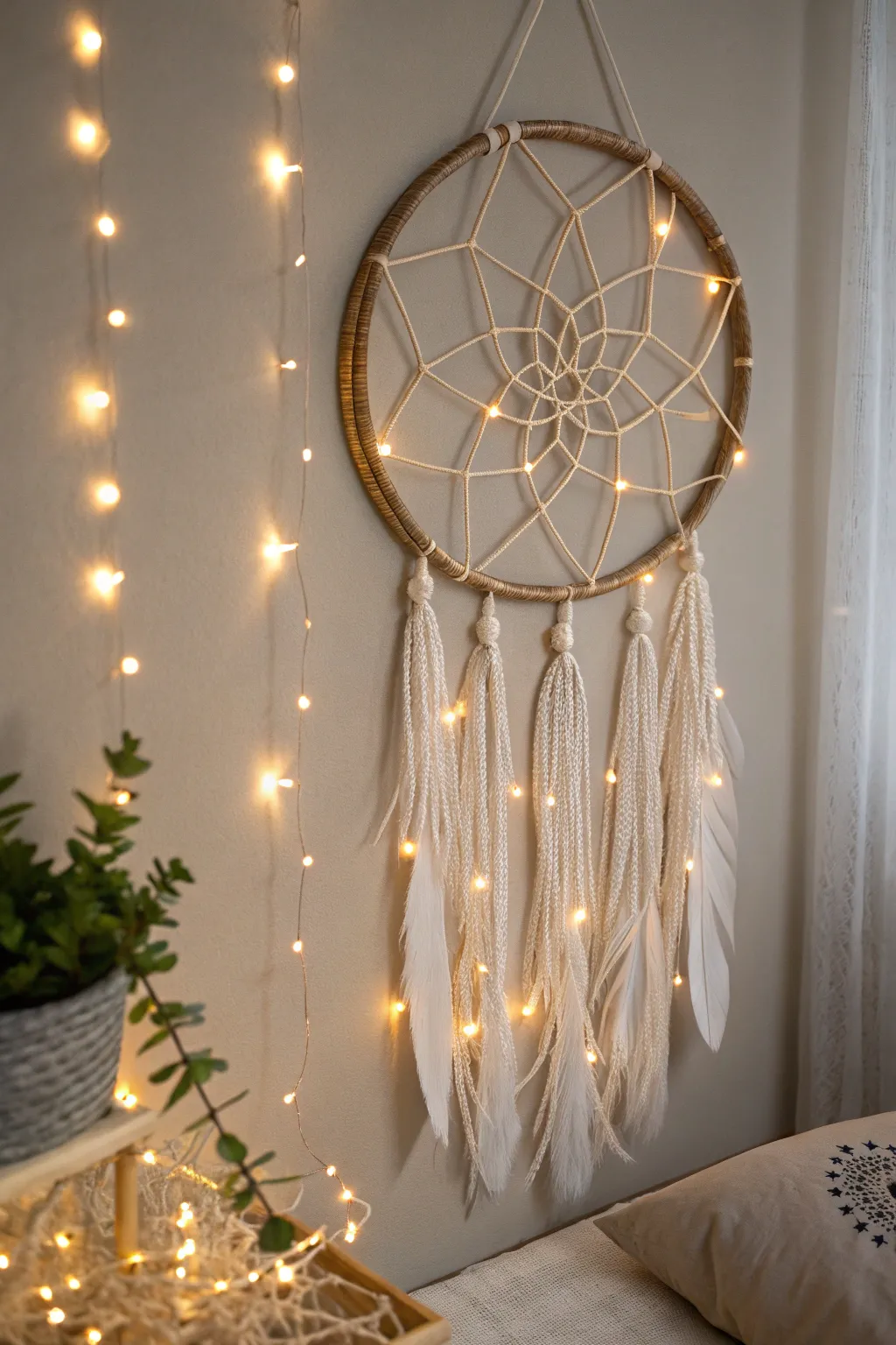 Illuminate your creativity with a magical blend of string art and fairy lights, perfect for a serene, minimalist setting.