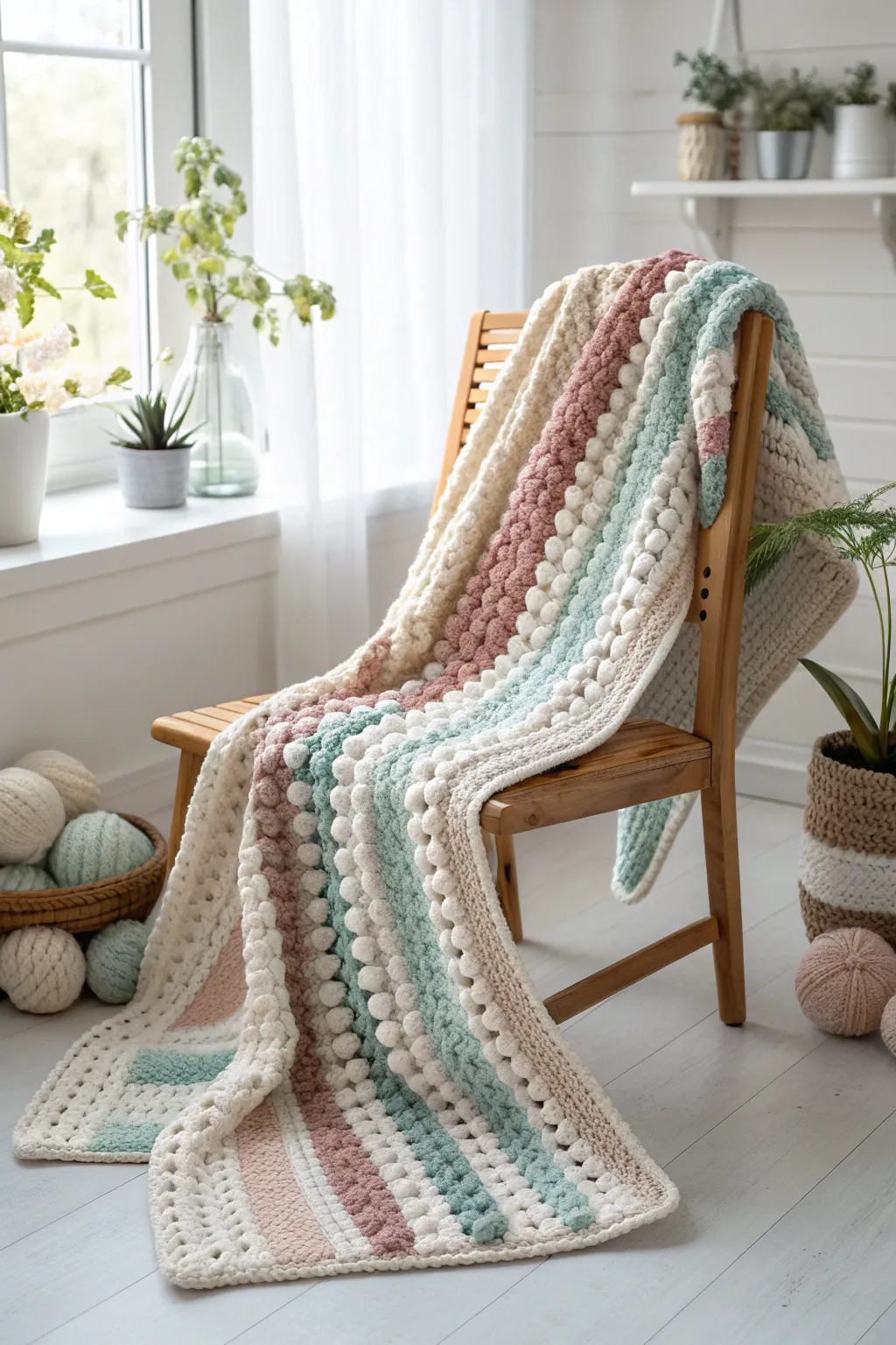 Embrace the art of texture with this handcrafted striped crochet blanket, where simplicity meets bohemian charm.