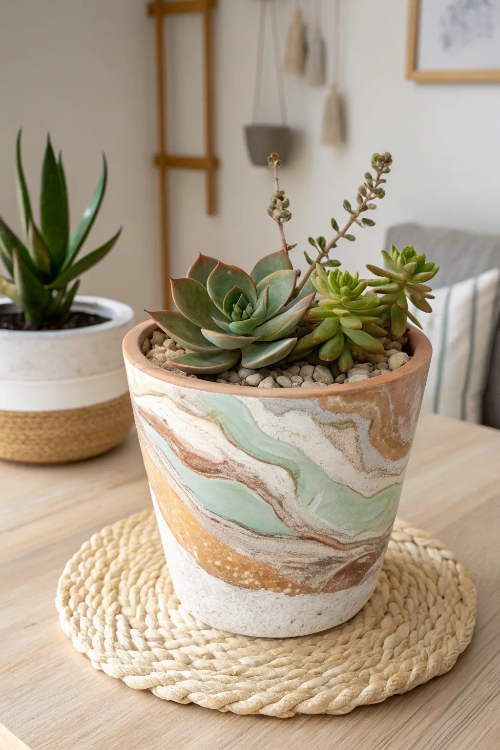 Embrace natural beauty with layered textures on your succulent pots for a touch of artistic elegance.