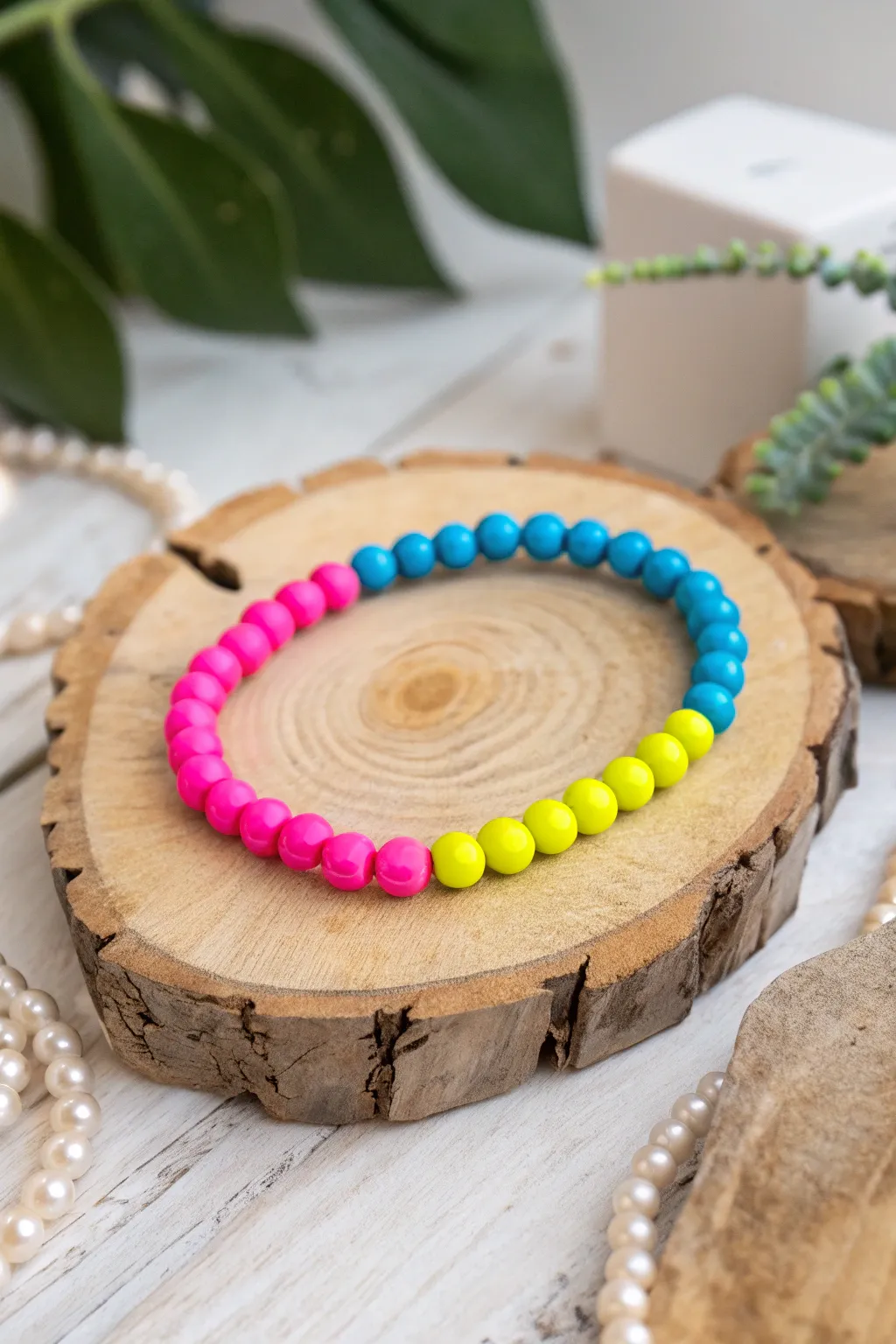 Illuminate your summer nights with this neon clay bead bracelet – a perfect blend of bold colors and minimalist charm.