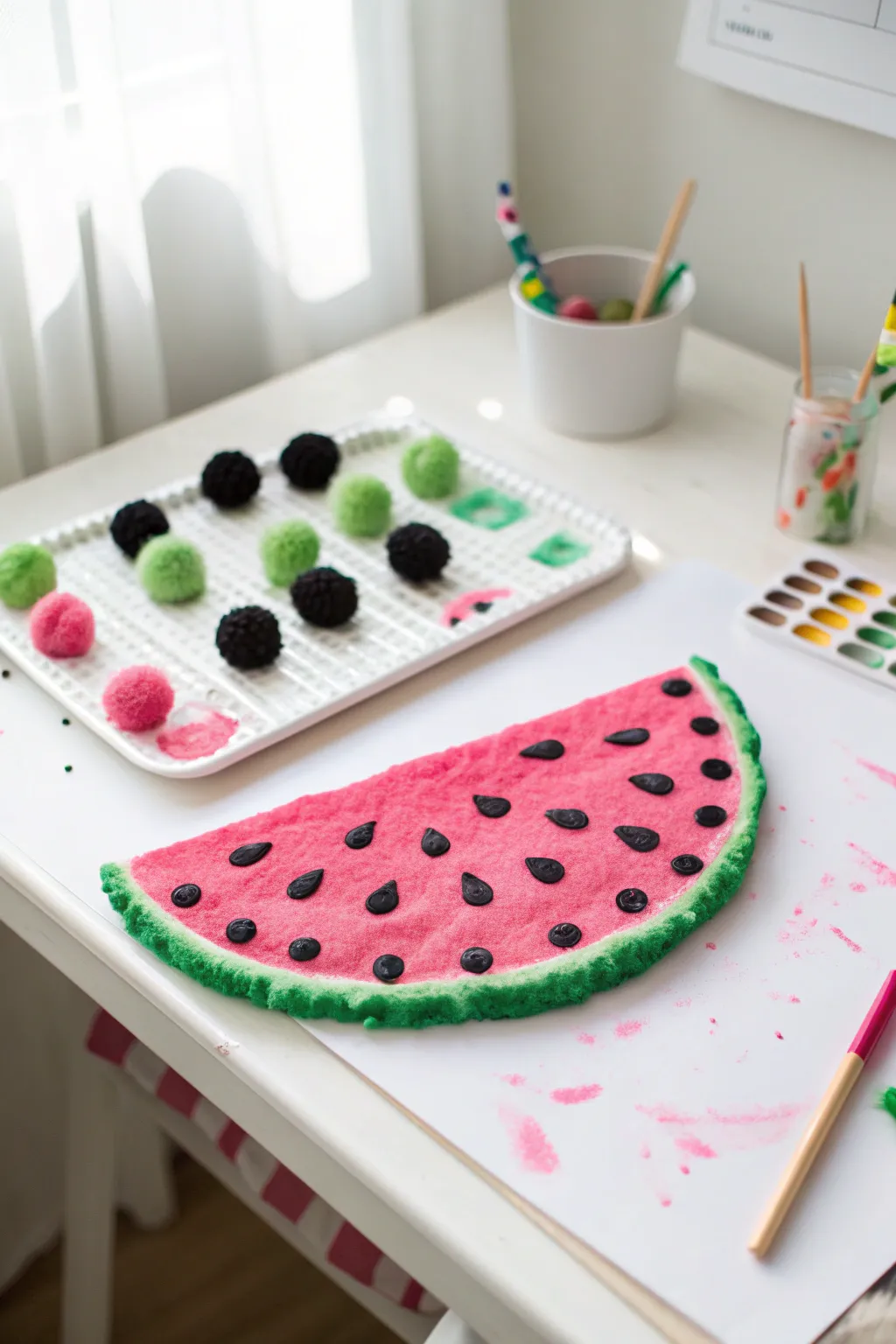 A splash of summer fun! 🍉 Let your little one's creativity bloom with pom pom painting. #SummerCrafts #MinimalistArt