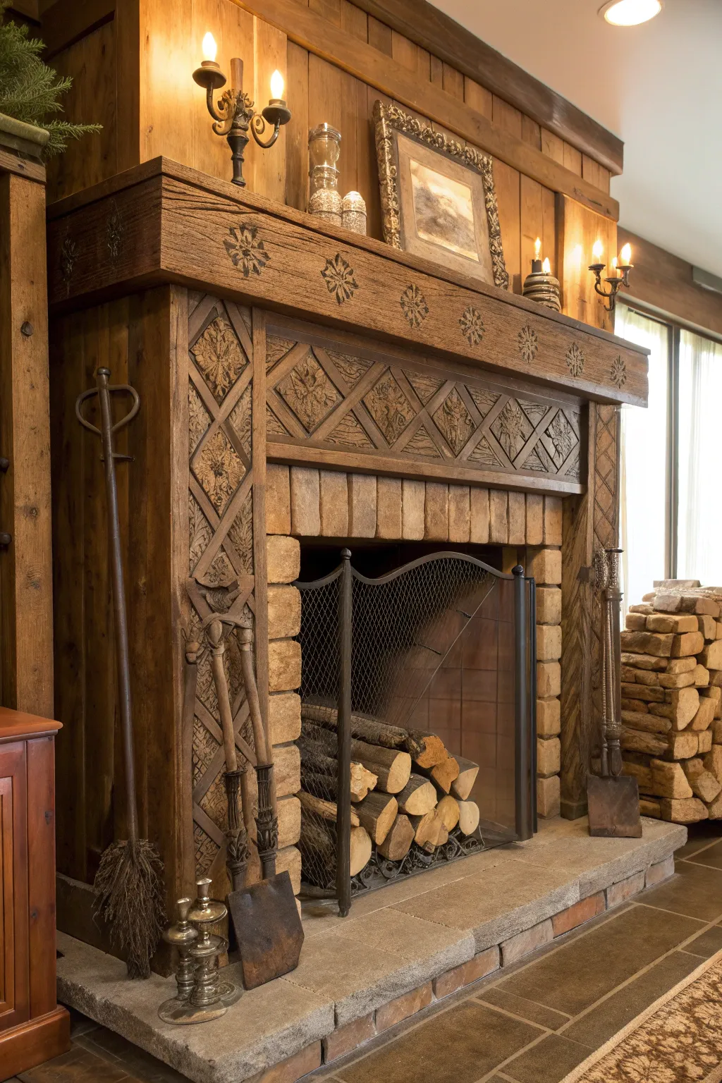 Transform your space with a rustic faux fireplace for a cozy, masculine vibe.