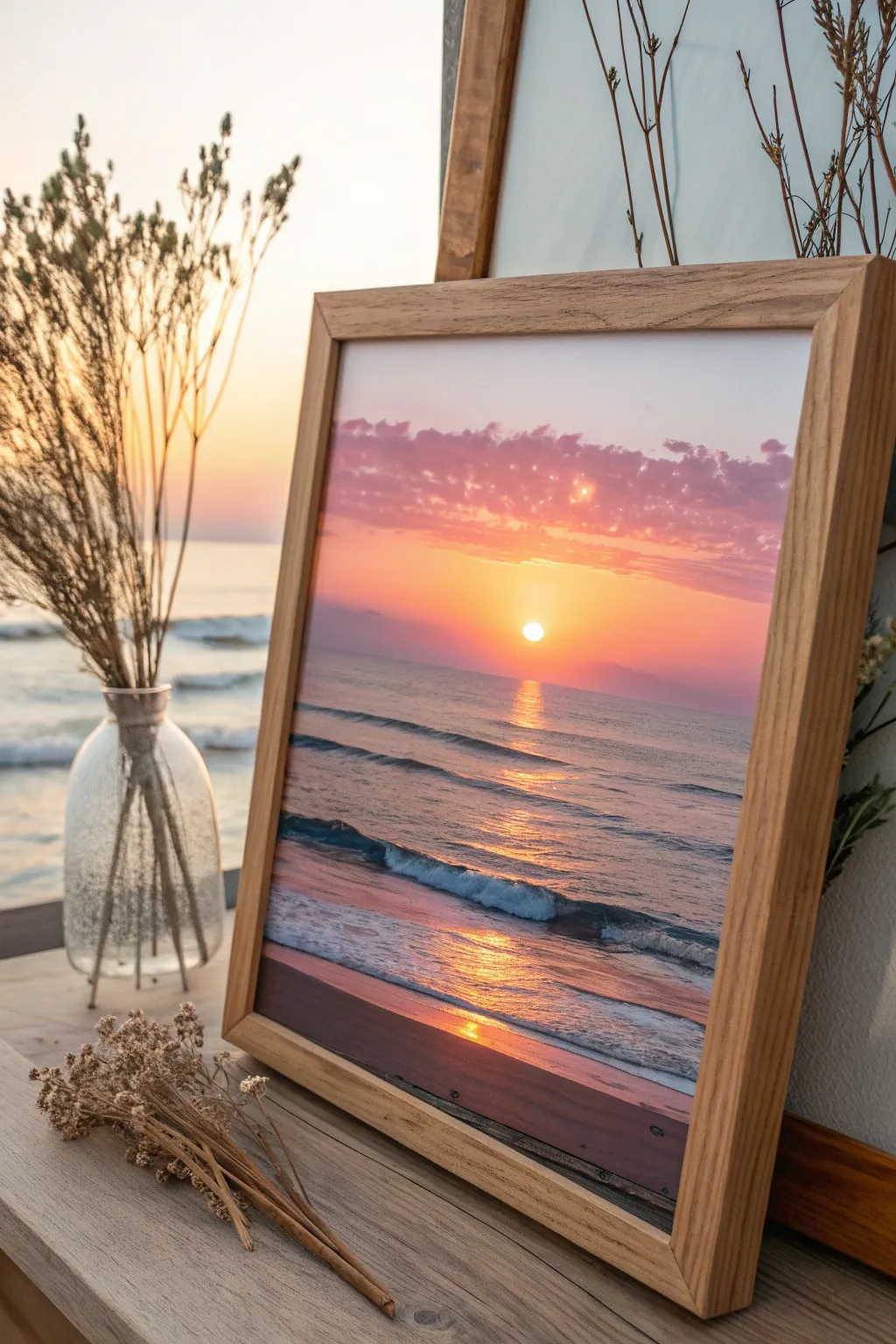 Capture the serenity of a sunset over the ocean with this minimalist masterpiece.
