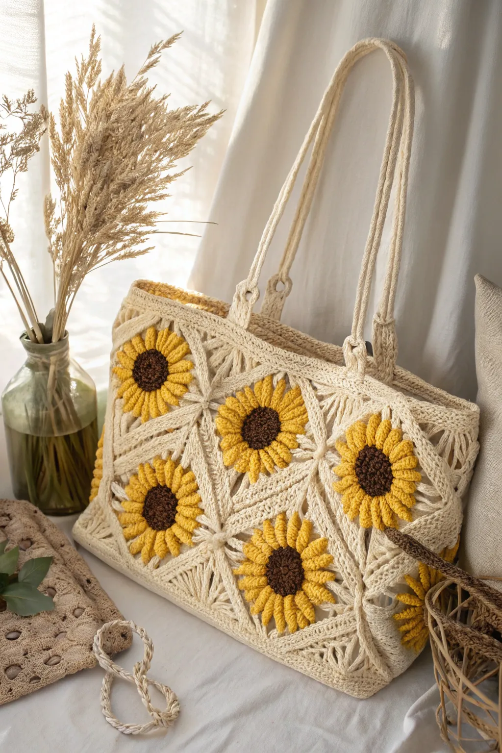 Embrace sunny days with this charming sunflower crochet tote, where craftsmanship meets natural beauty.