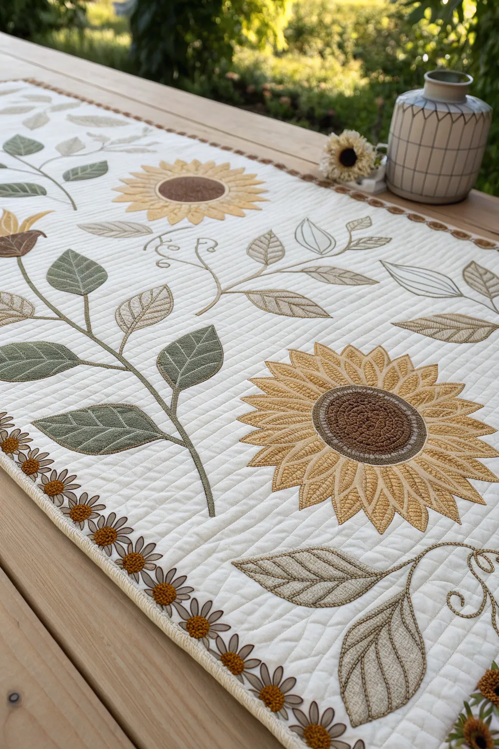 Embrace nature's beauty with this stunning sunflower quilt, where craftsmanship meets minimalist elegance.