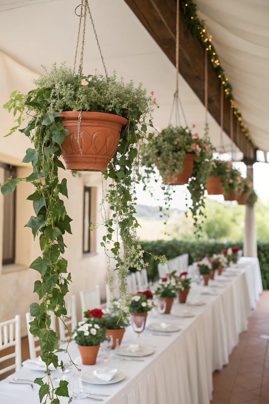 Hanging terracotta pots create a magical, floating garden effect.