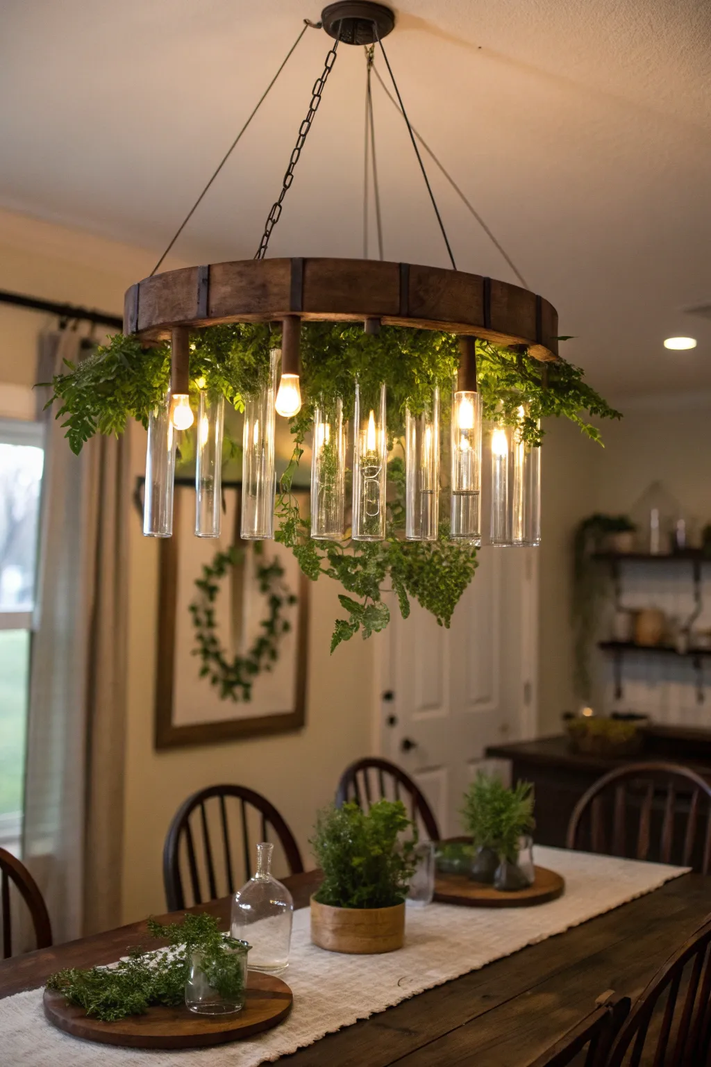 A boho-chic chandelier made from test tubes filled with greenery transforms any room.