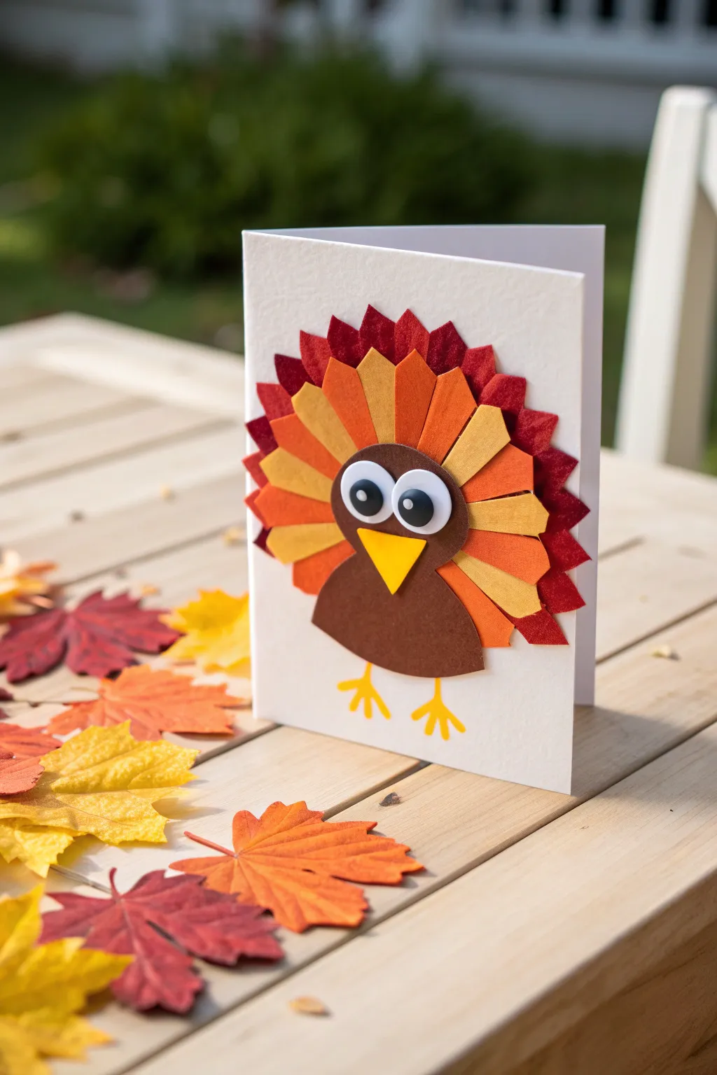 Create a quirky turkey card for Thanksgiving that will delight little ones with its playful googly eyes and vibrant colors.