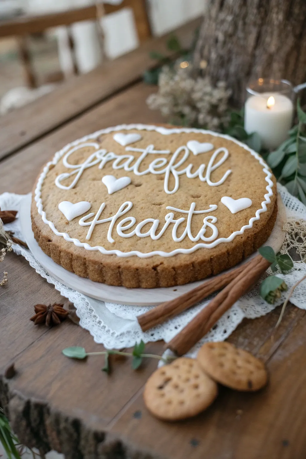 Celebrate Thanksgiving with a heartfelt message on your cookie cake, embodying gratitude and natural beauty.