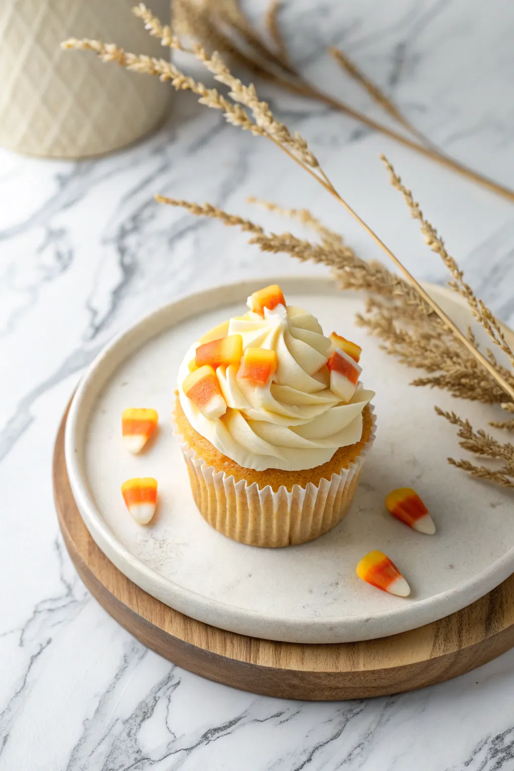 Elevate your Thanksgiving dessert table with minimalist charm: Candy Corn Cupcake Artistry.