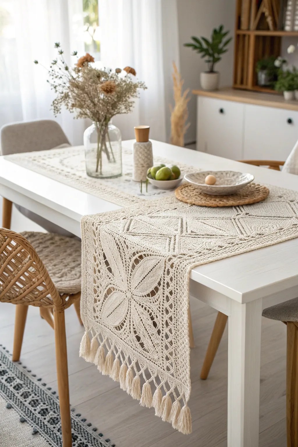 Elevate your dining experience with a touch of elegance through this exquisite thin yarn crochet table runner.