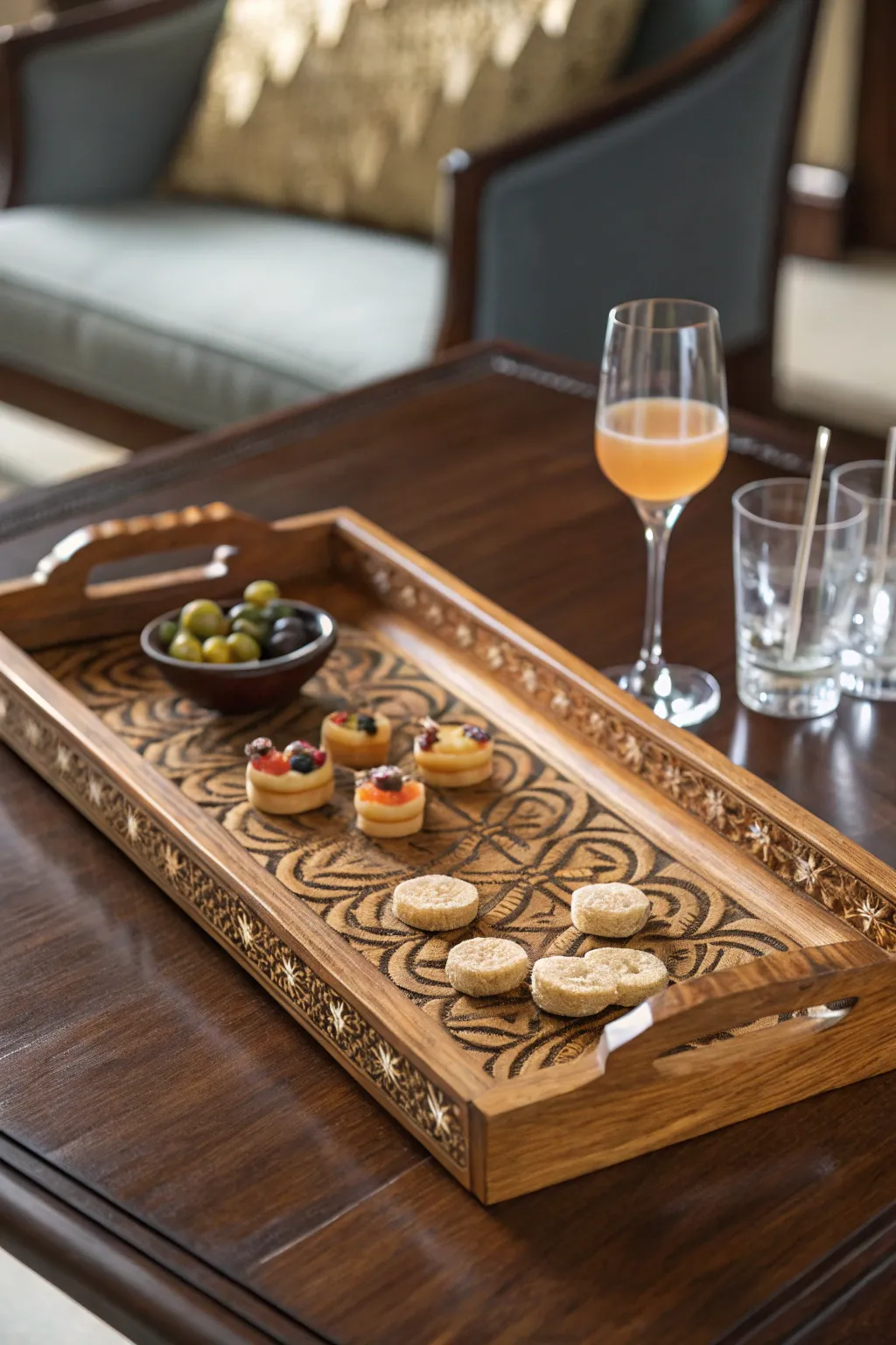 Elevate your hosting game with a stunning wooden serving tray that's both stylish and functional.