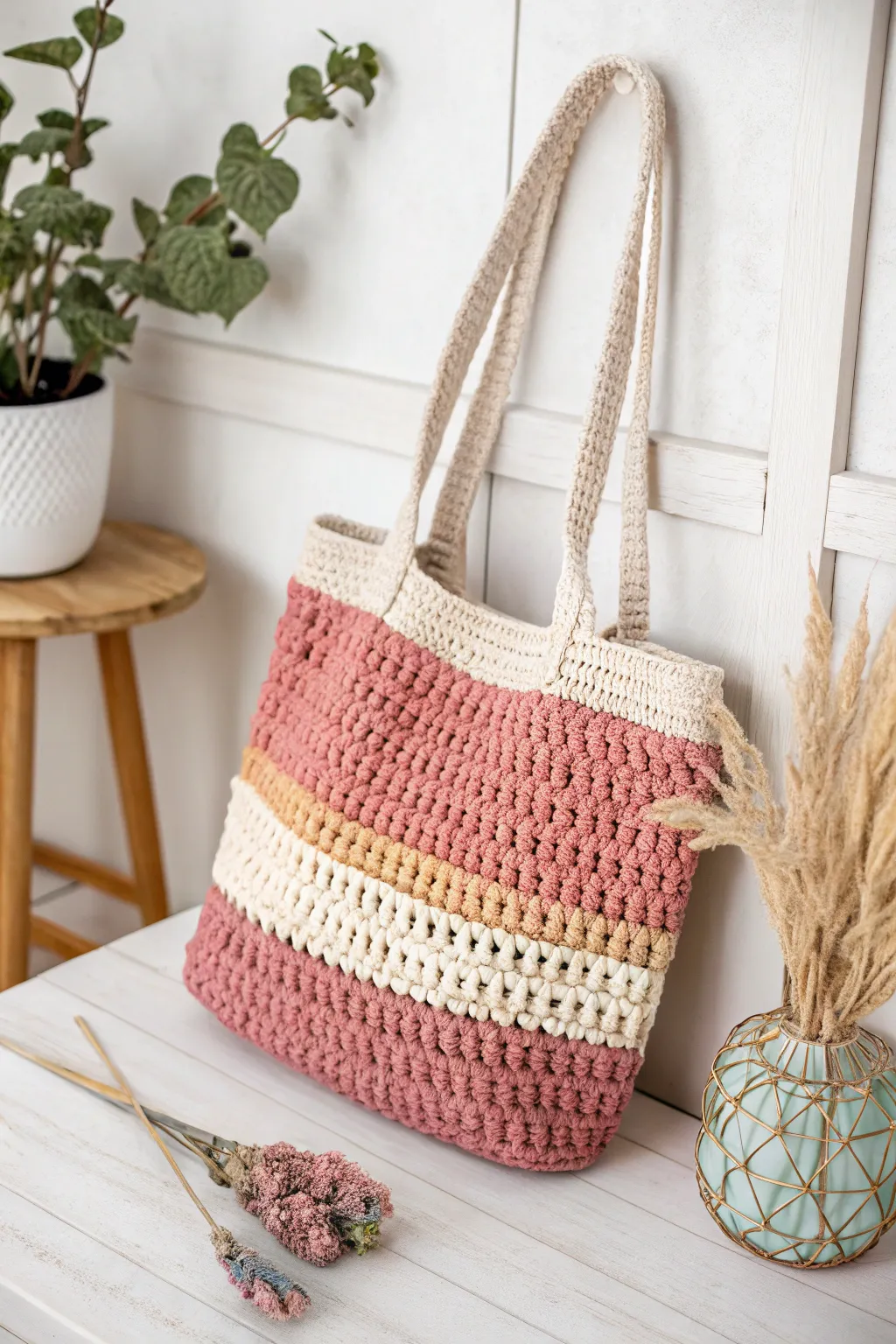 Effortlessly stylish and functional, this chunky yarn tote bag is your perfect market companion.