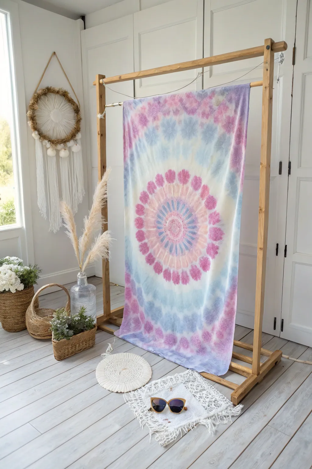 Capture colorful memories with this dreamy tie-dye photo booth setup – where simplicity meets boho charm!