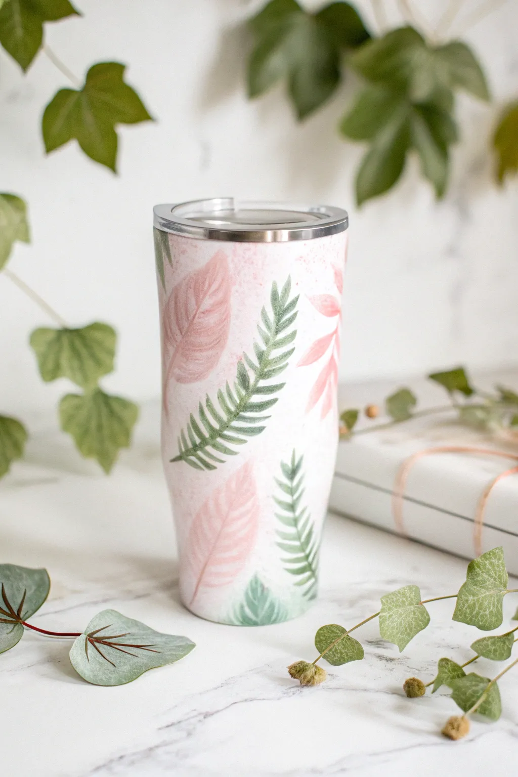 Embrace nature's elegance with this minimalist leaf-patterned tie-dye tumbler.