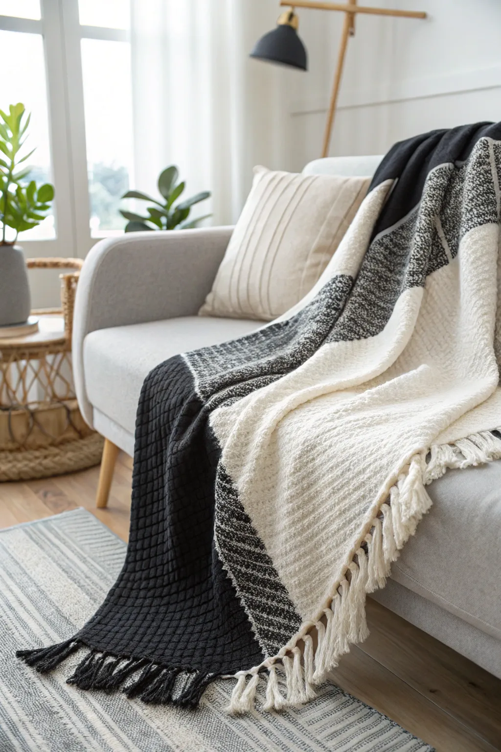 Elevate your space with a touch of two-tone elegance. This black and white tie knot blanket brings modern sophistication to any minimalist setting.