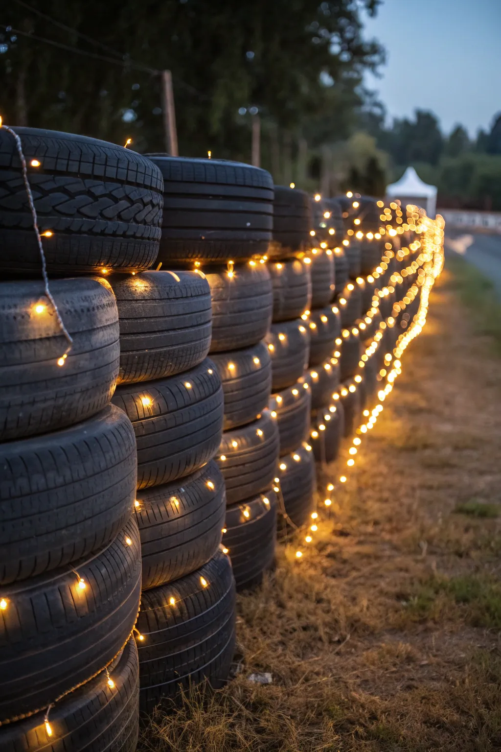 Transform your garden nights with the magical glow of solar fairy lights woven through a stylish tire fence.