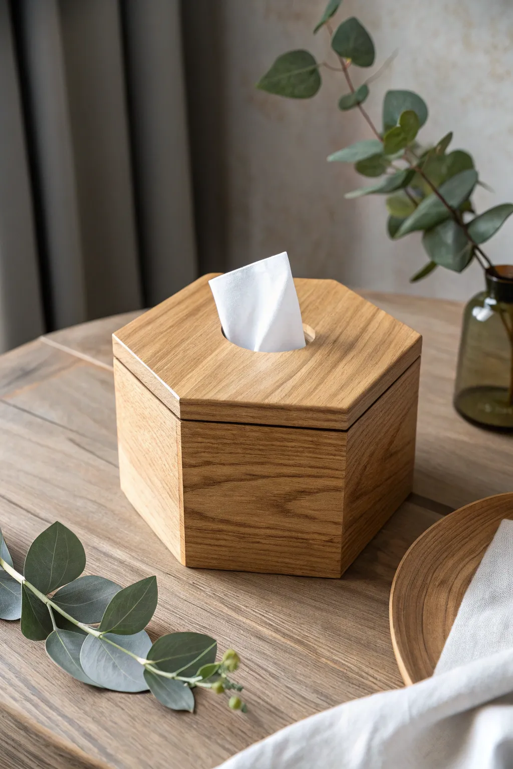 Elevate your space with a uniquely shaped tissue box that blends craftsmanship and style effortlessly.