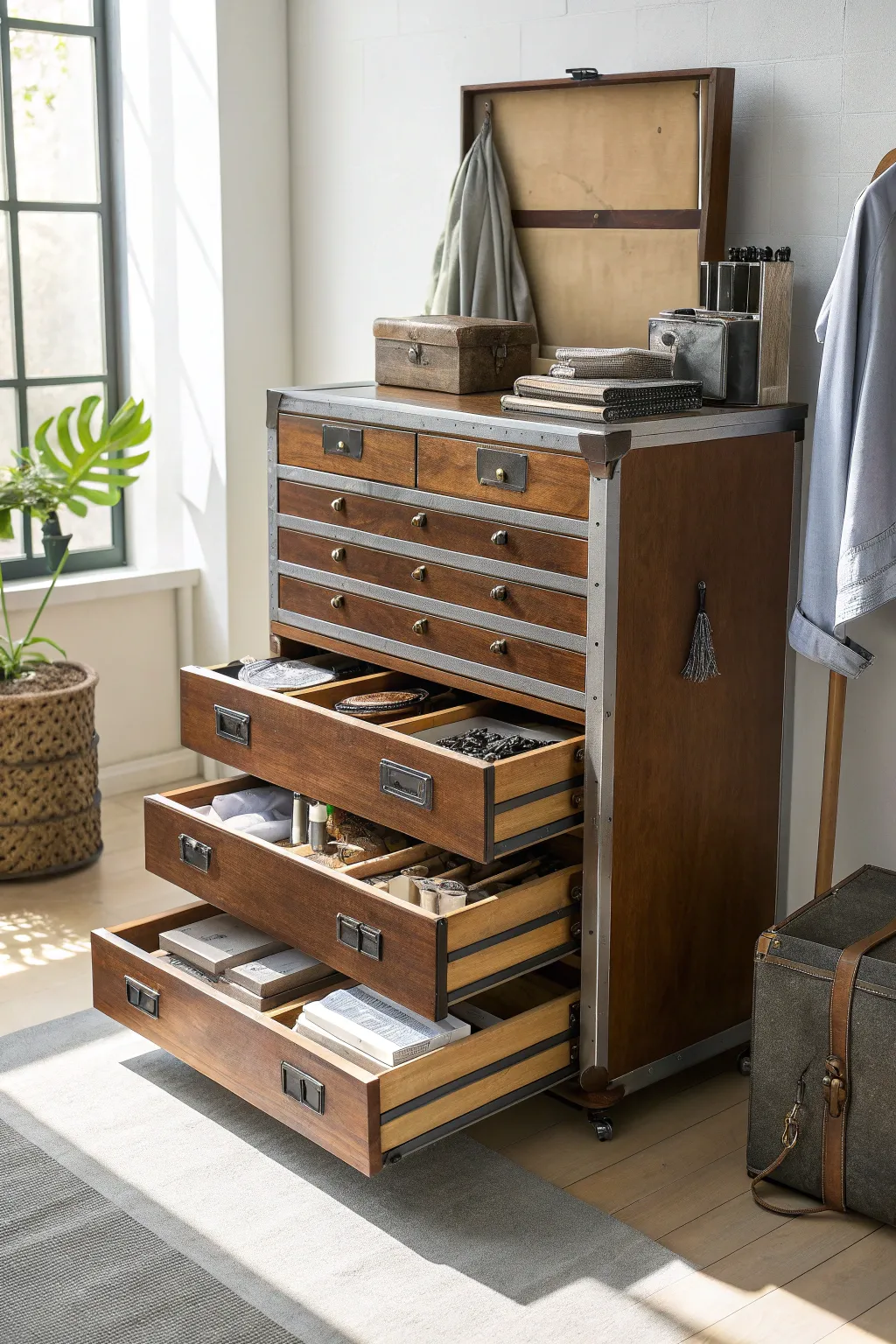 Transform chaos into order with this stylish toolbox dresser, perfect for the modern man's space.