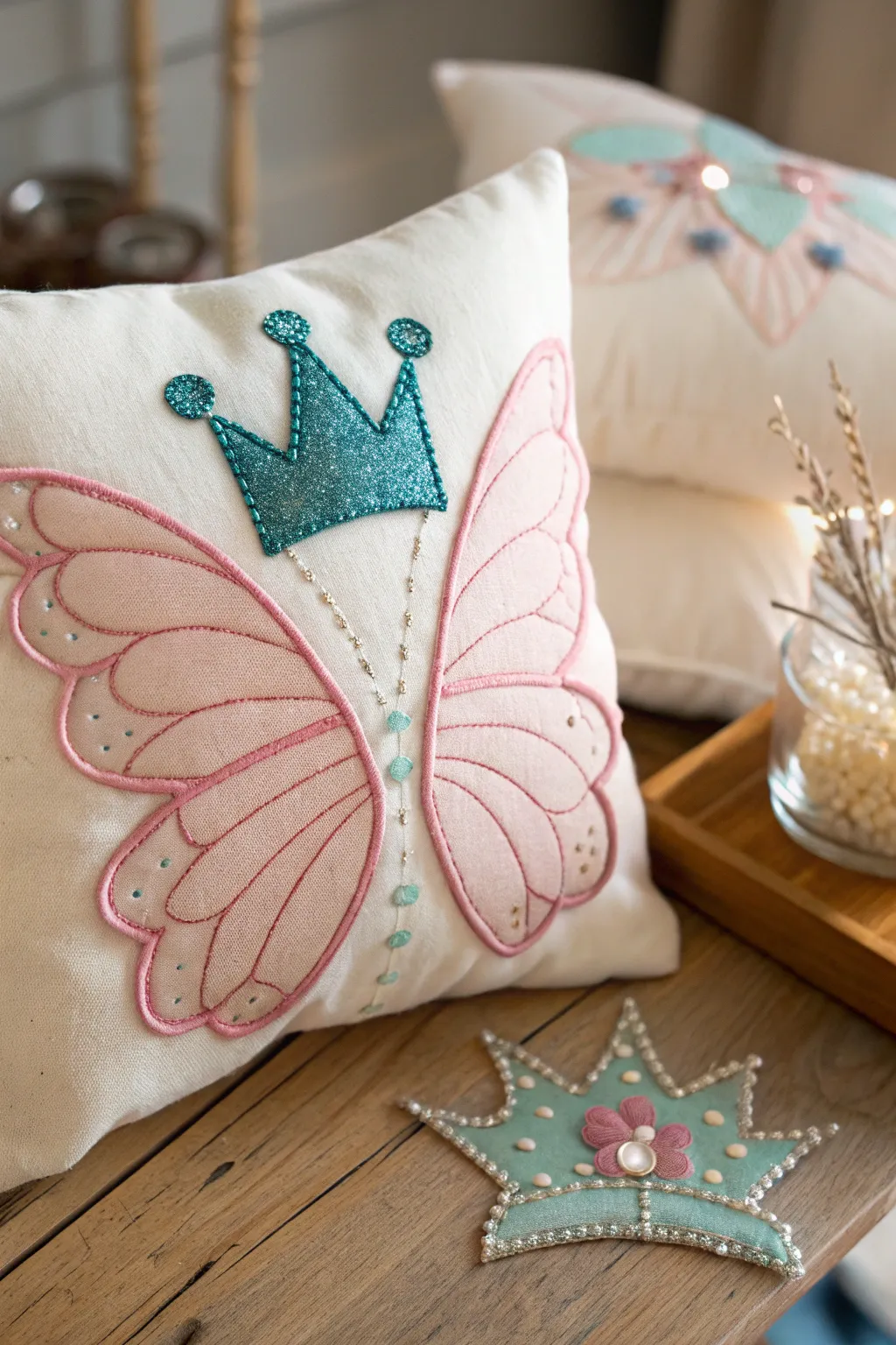 Enchant your little one's dreams with a magical tooth fairy pillow, adorned with shimmering wings and a tiny crown.