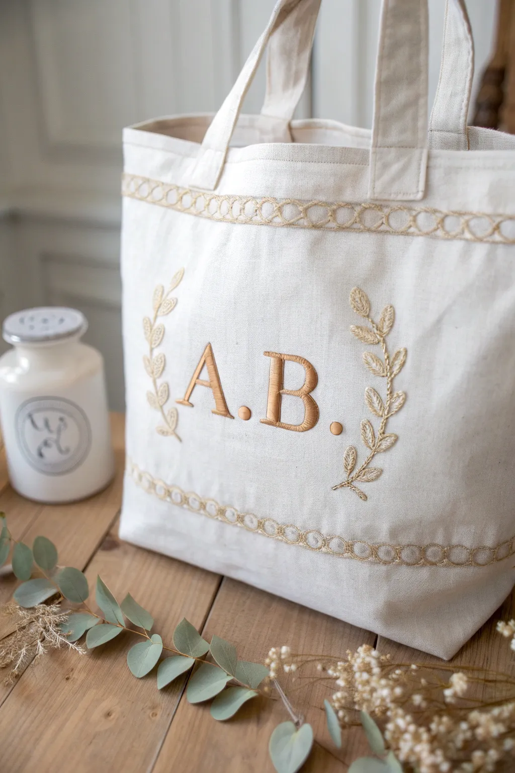 Elevate your style with personalized elegance: A beautifully embroidered tote with a touch of boho charm.