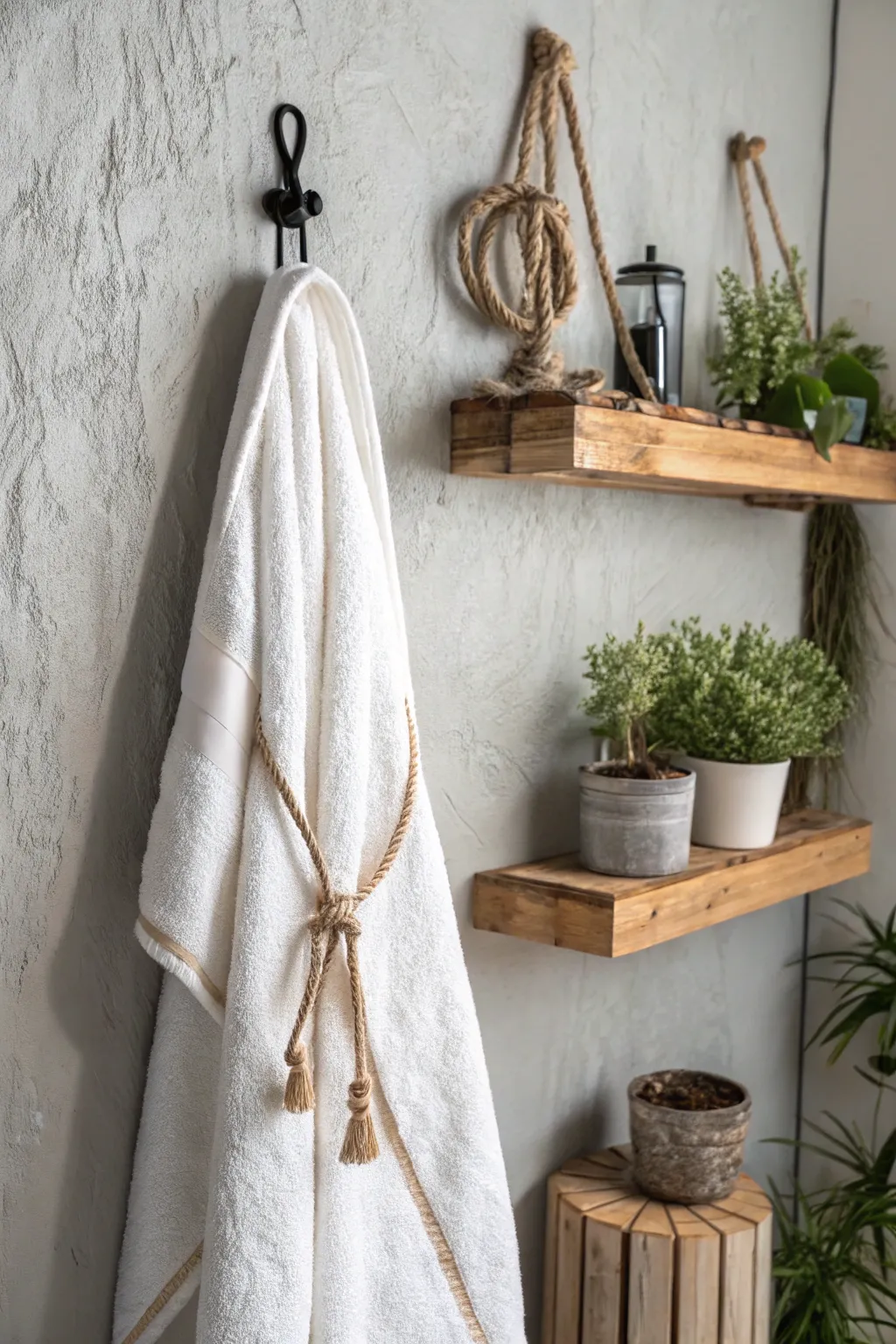 Embrace rustic elegance: Transform your bathroom with natural twine towel ties.