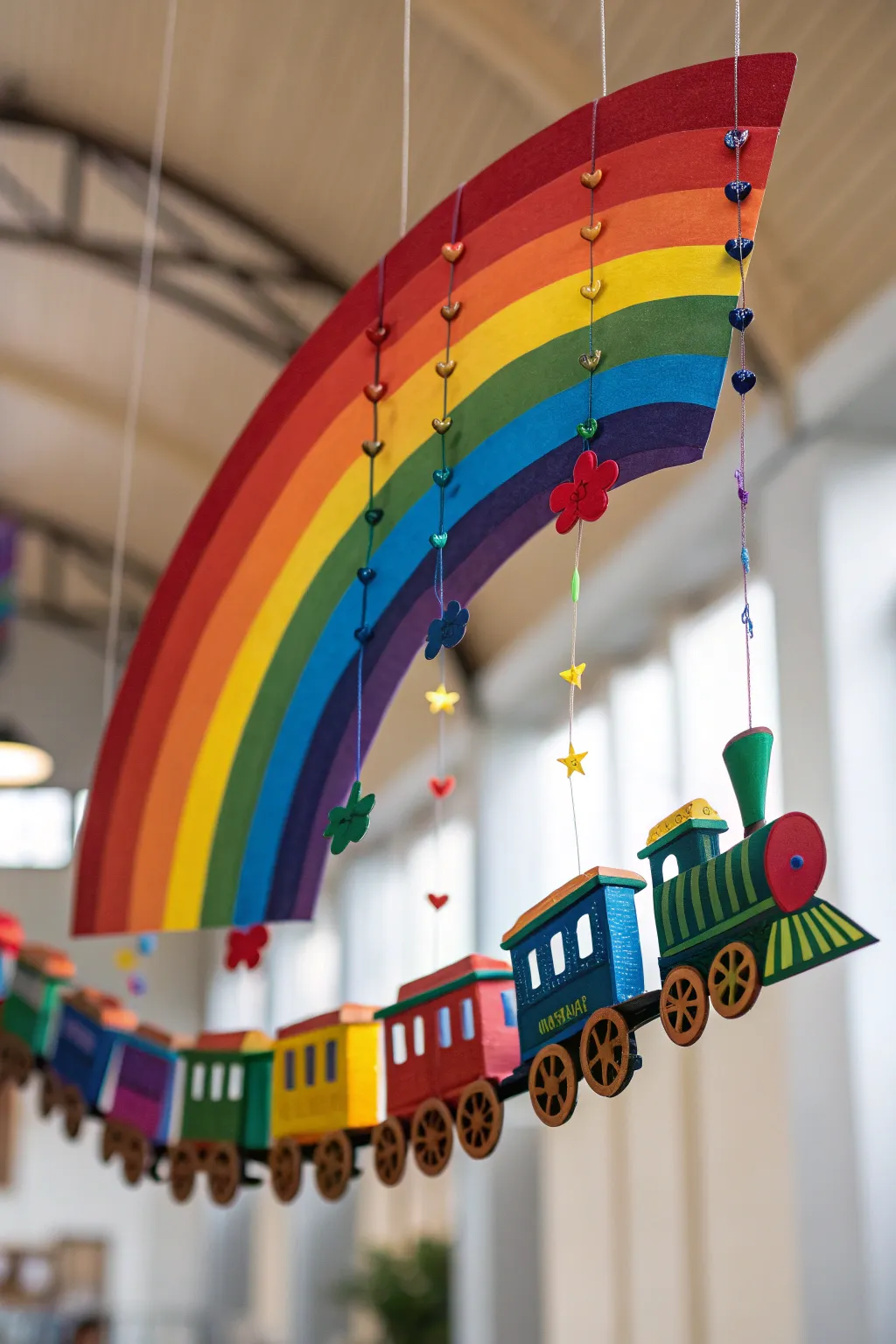 Transform your space with a vibrant rainbow train mobile — where creativity meets color!