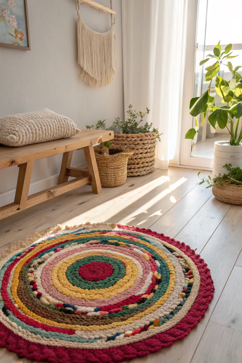 Transform fabric scraps into a stunning entryway rug that blends Scandinavian minimalism with Boho charm.
