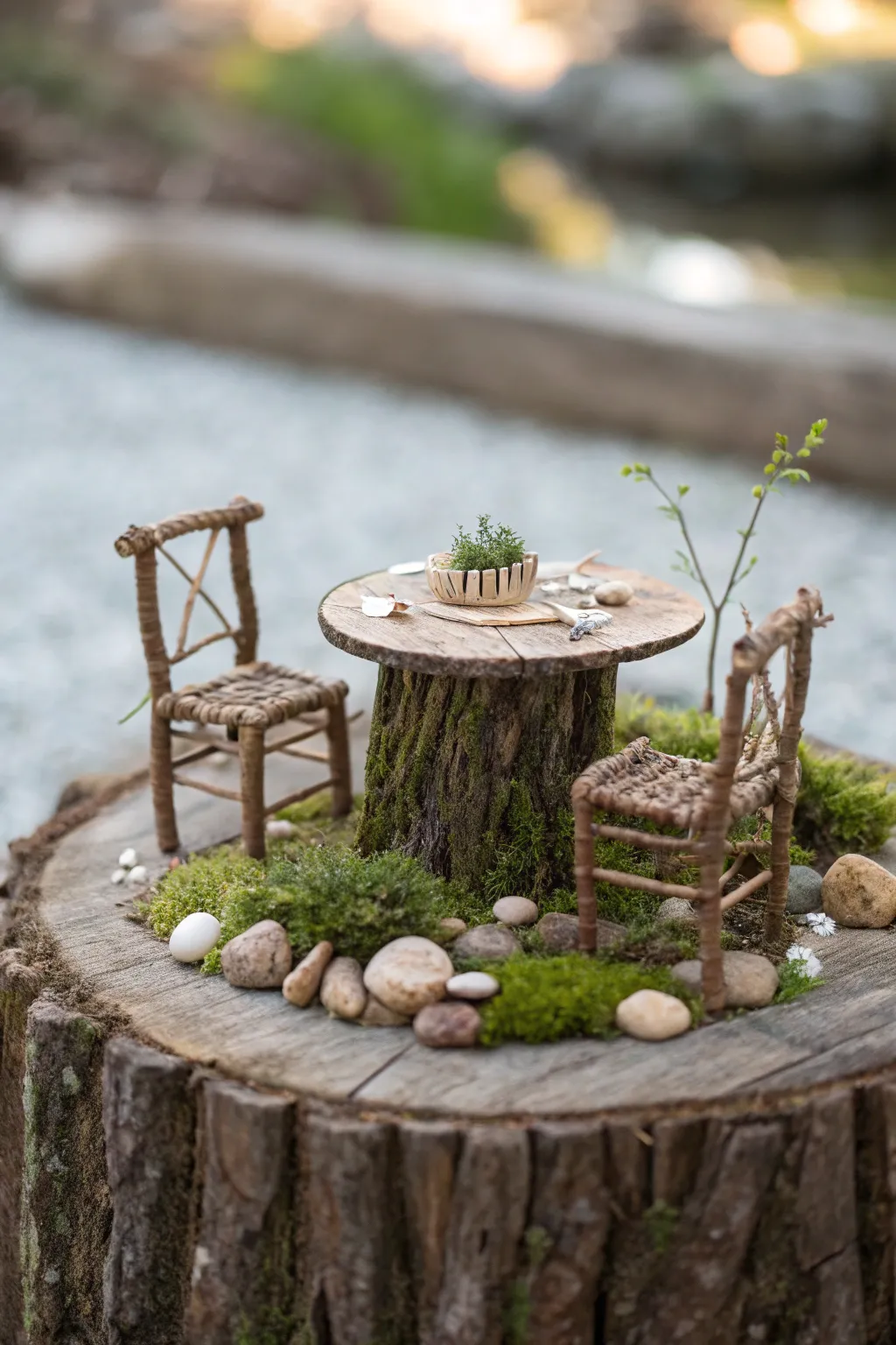 Inviting Fairies: Embrace the charm of nature with this hand-crafted twig furniture set, perfect for a magical miniature garden.