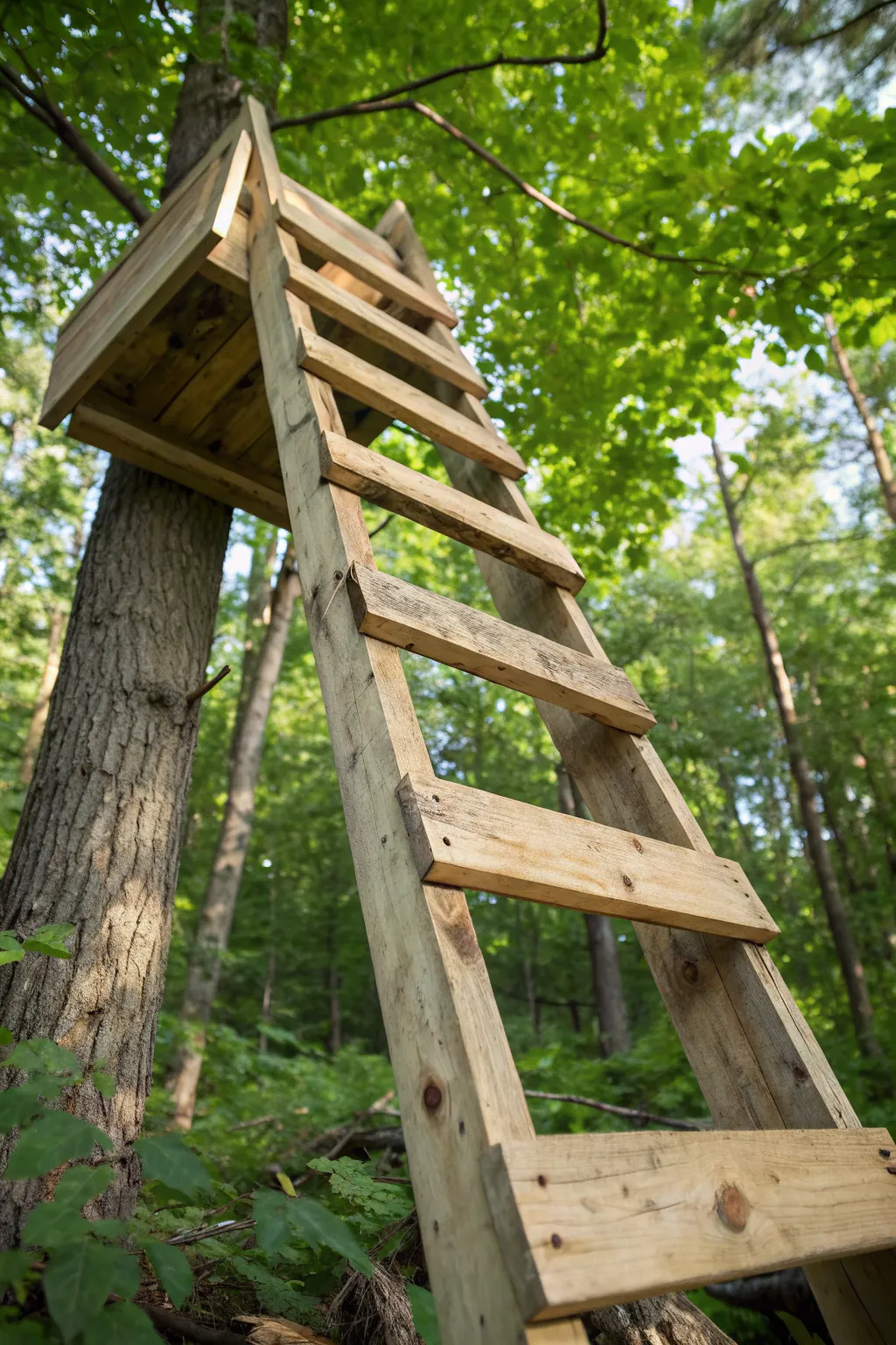 Elevate your treehouse with a rustic charm using a recycled pallet ladder. Eco-friendly and full of character.