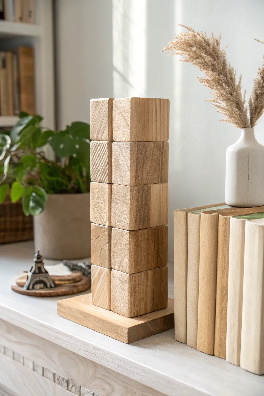 Elevate your bookshelf with these chic, handcrafted bookends made from tumbling tower blocks—a perfect blend of Scandinavian simplicity and boho charm!
