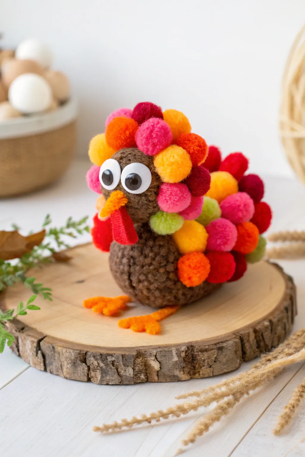 Whimsical Turkey Craft: Simple fun with pom-poms and googly eyes.