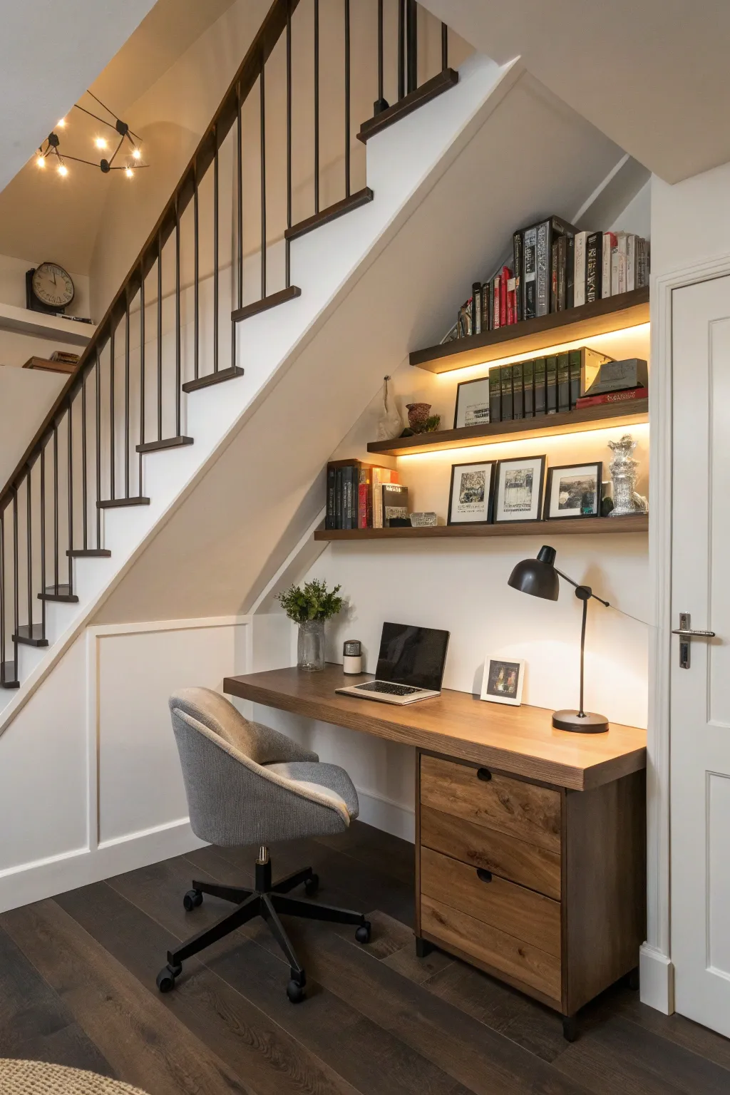 Transform unused space into a sleek, functional home office under the stairs.