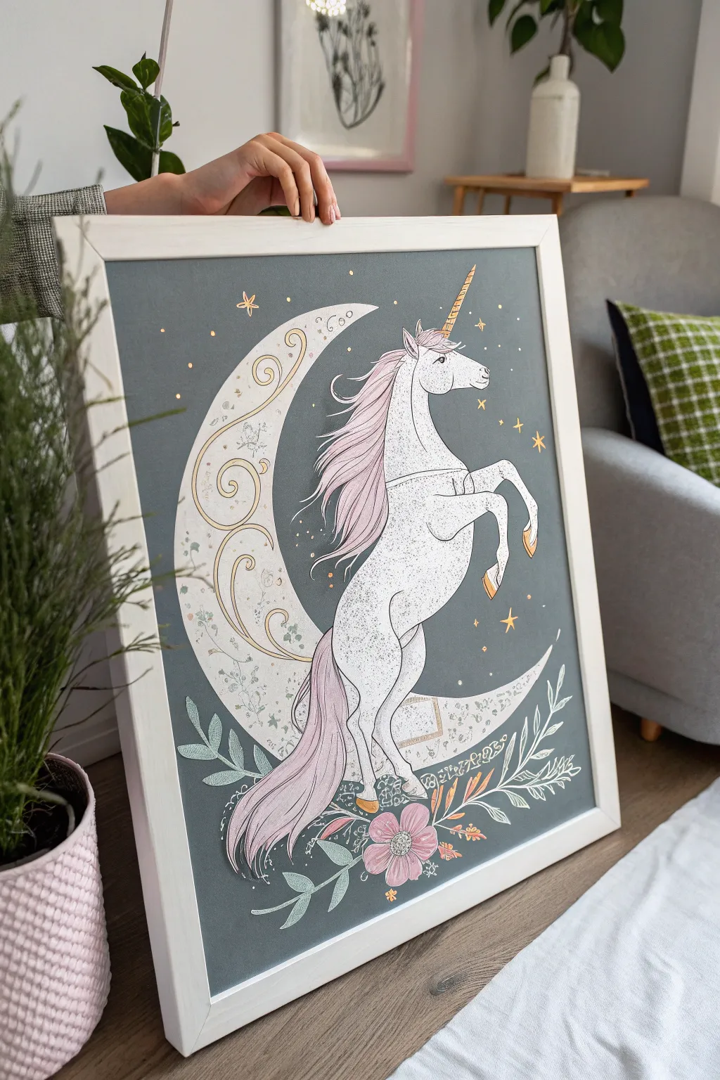 Embrace the magic of simplicity with a unicorn on a moonlit journey.