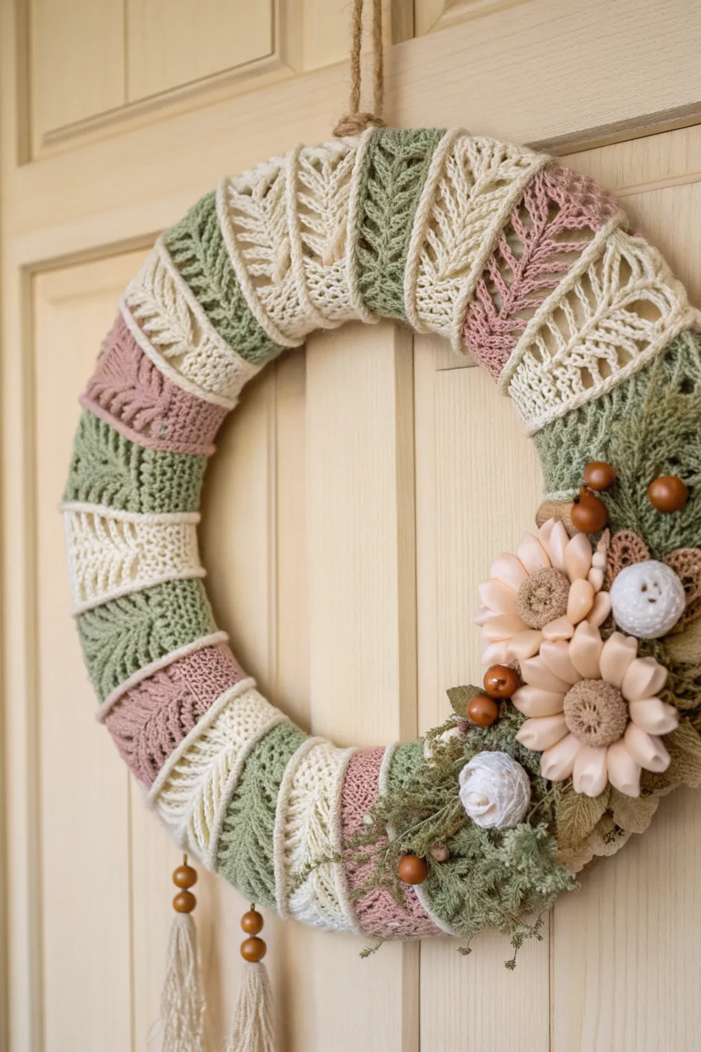 Elevate your entryway with a charming crochet wreath that celebrates the beauty of each season.