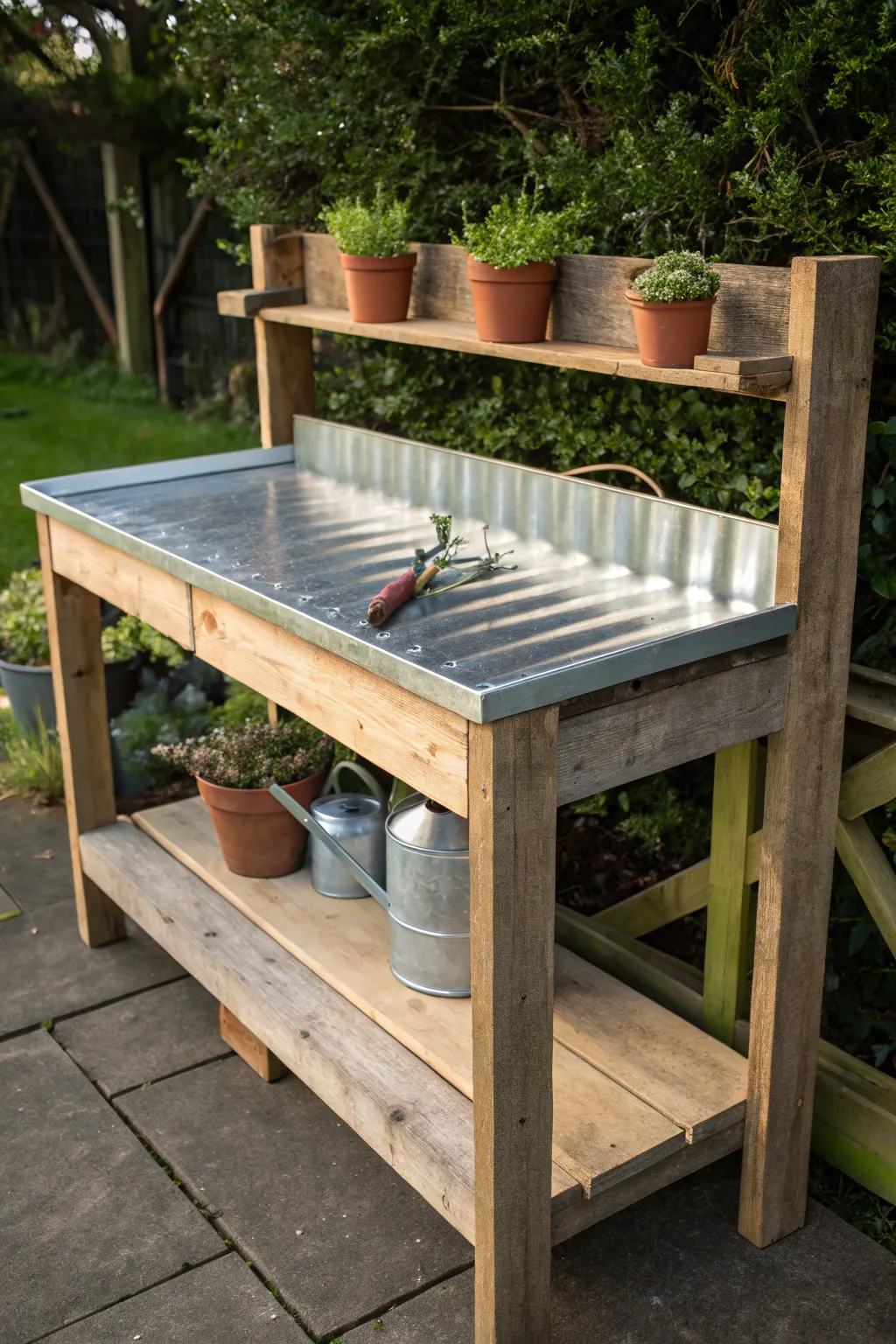 Transform your outdoor space with a stylish galvanized metal potting bench, combining modern elegance with rustic charm.