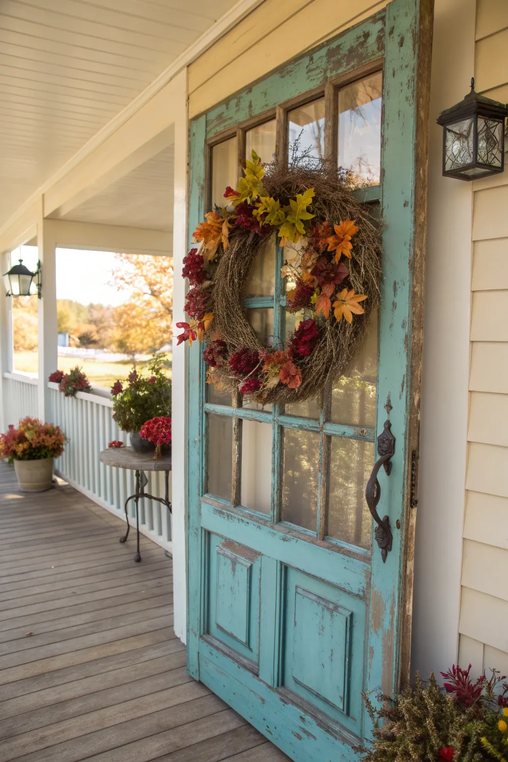 Elevate your porch decor with this creative upcycled door wreath display, perfect for showcasing seasonal charm.