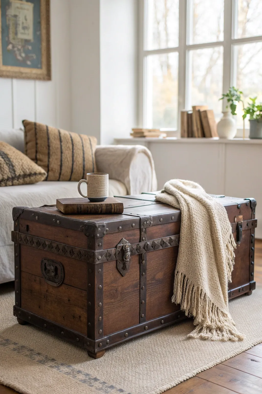 Transform your space with a touch of vintage charm: Upcycle an old trunk into a stunning coffee table centerpiece.