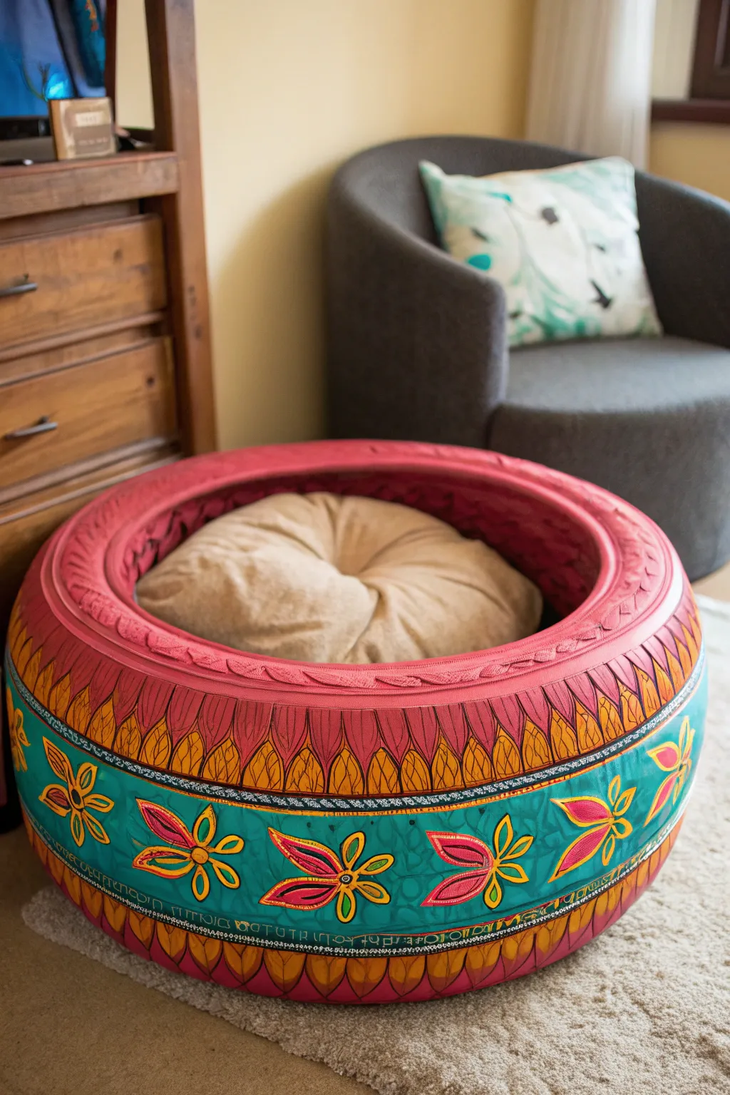 Transform old tires into a vibrant pet bed paradise!